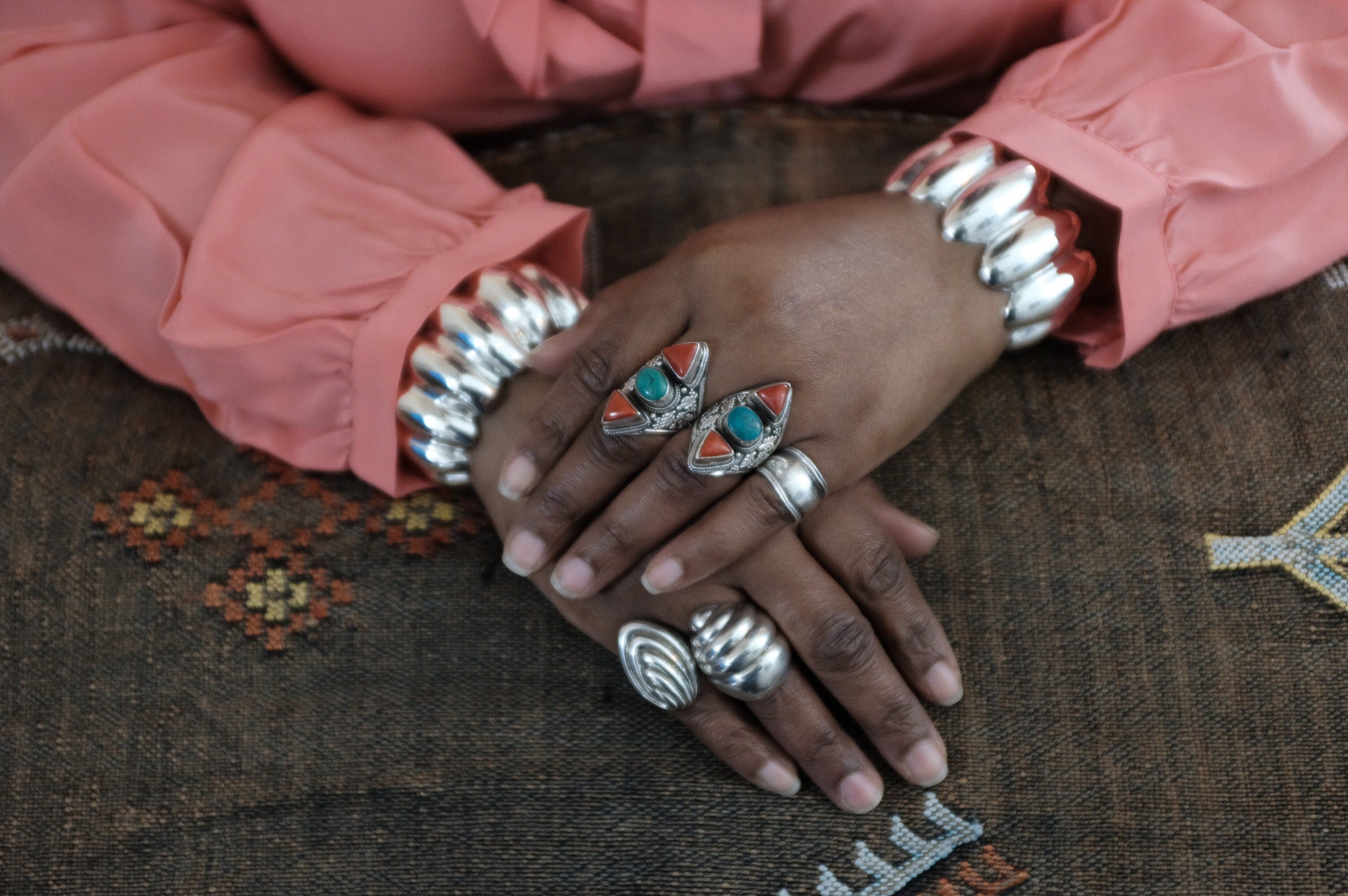 Sterling Silver Turquoise & Coral Filigree Ring (2)