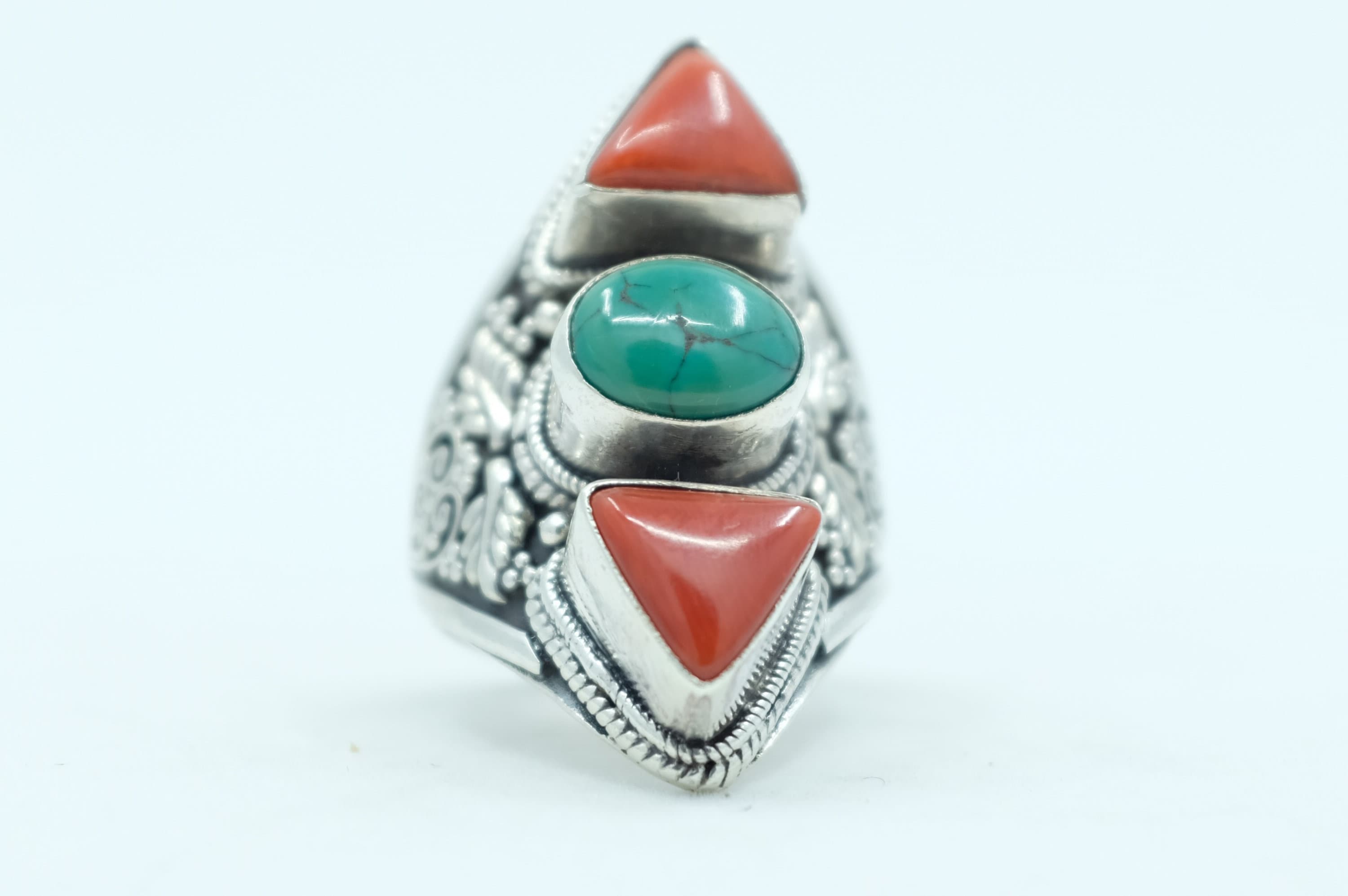 Sterling Silver Turquoise & Coral Filigree Ring (1)