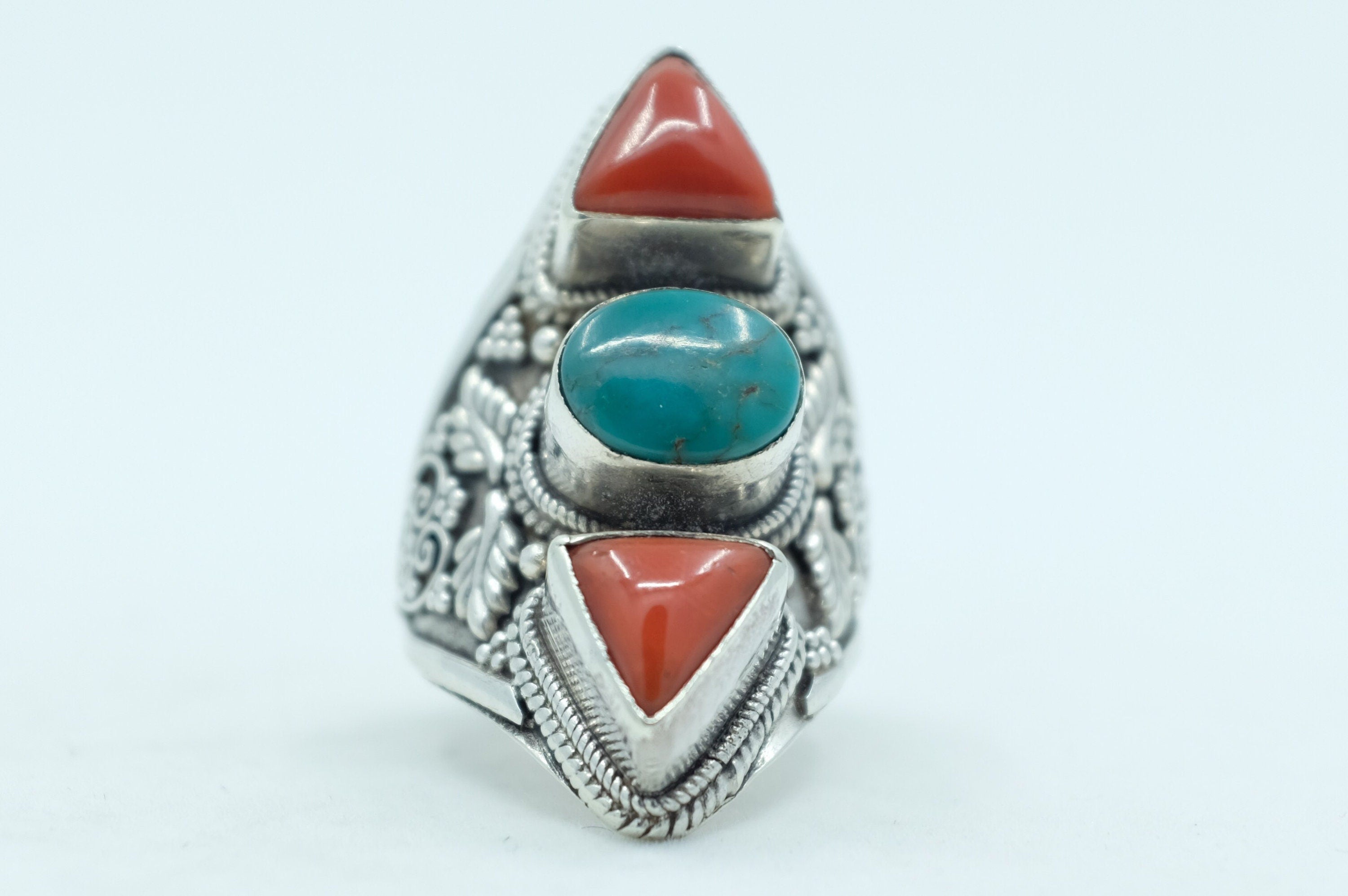 Sterling Silver Turquoise & Coral Filigree Ring (2)