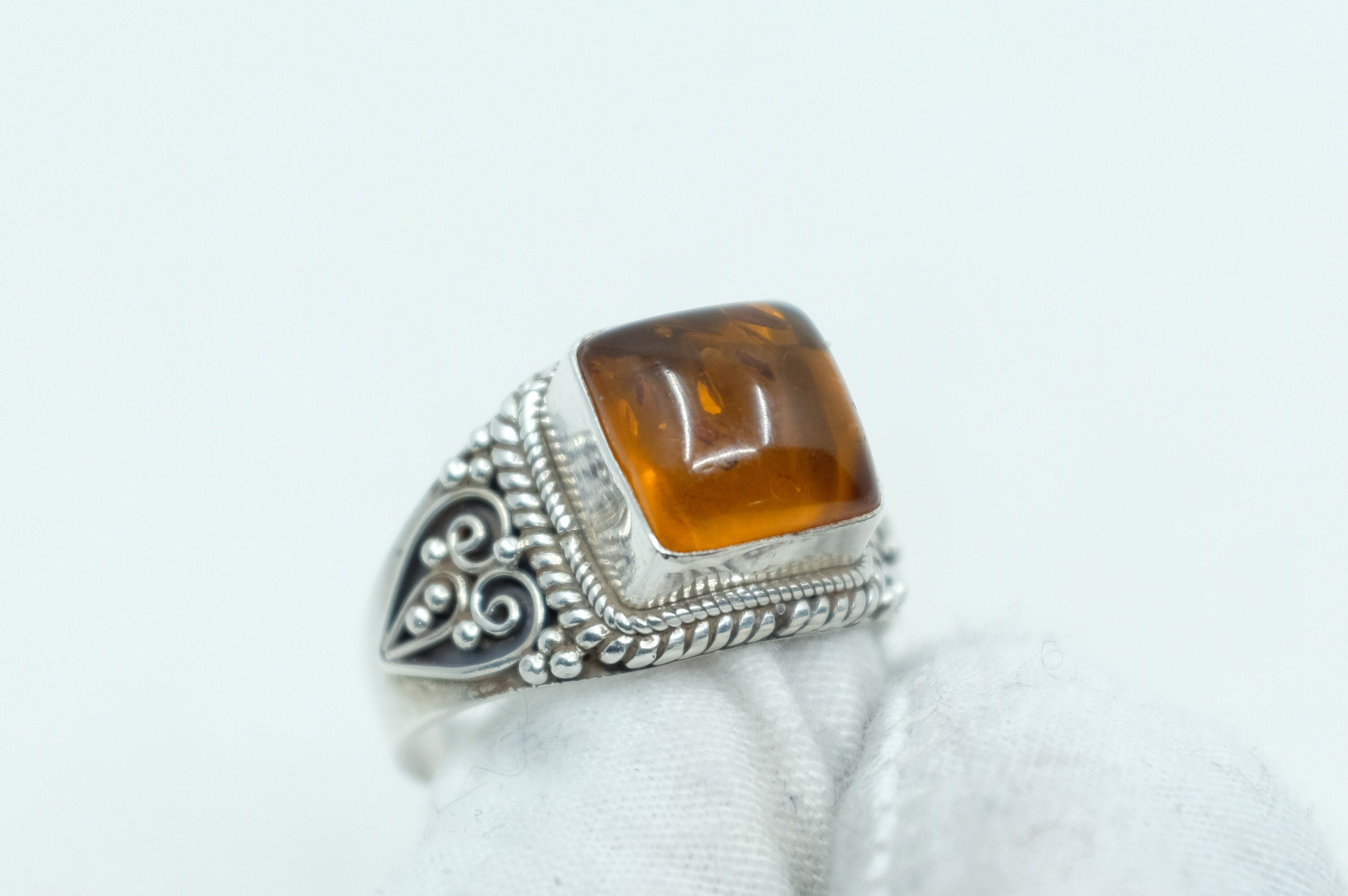 Sterling Silver Amber Filigree Ring