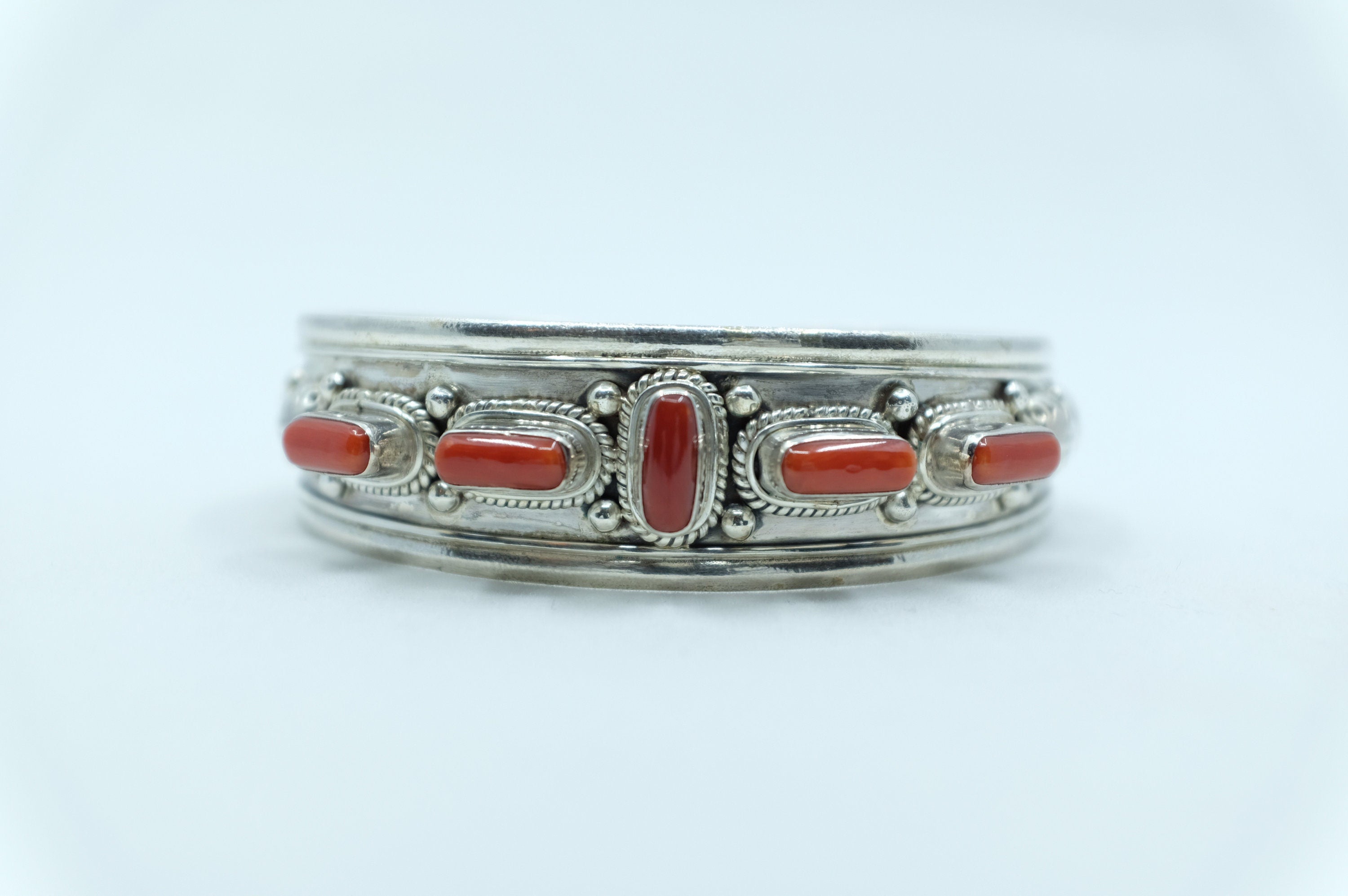 Sterling Silver Coral Tibetan Cuff Bracelet