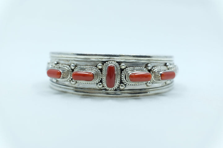 Sterling Silver Coral Tibetan Cuff Bracelet