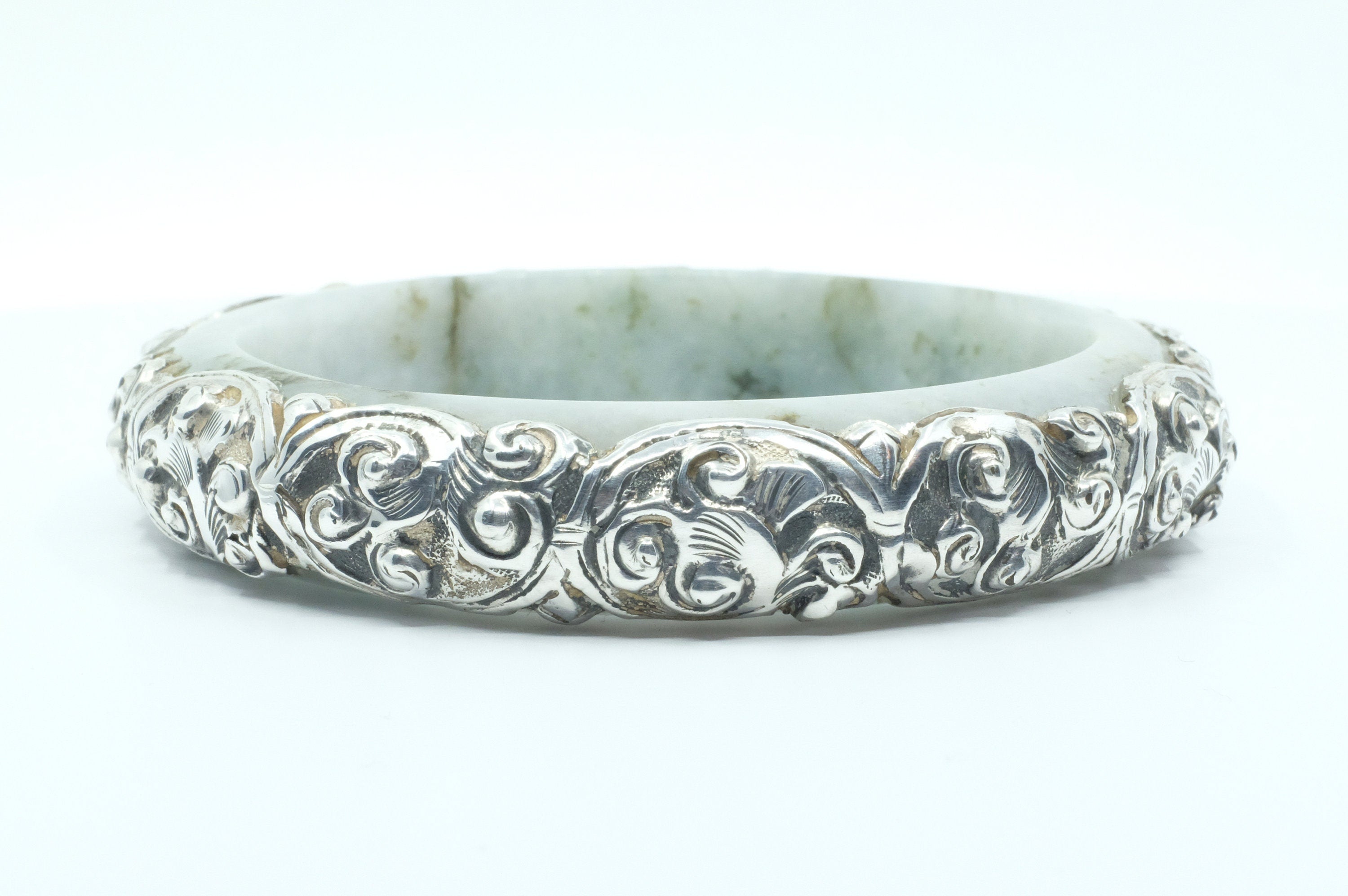 Sterling Silver Jadeite Jade Repoussé Bangle