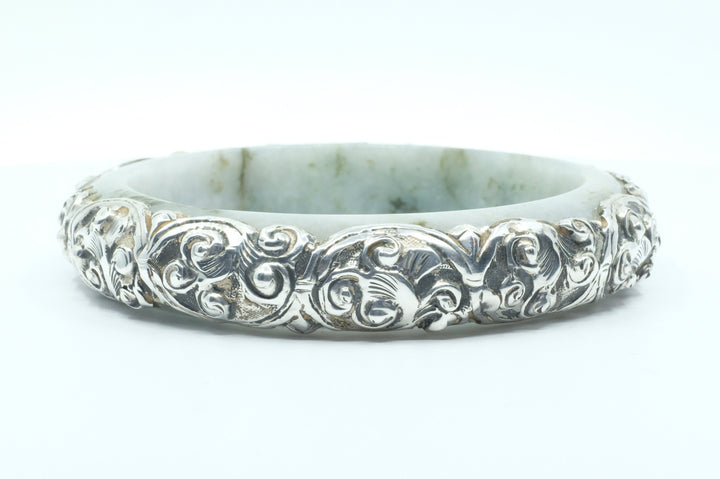 Sterling Silver Jadeite Jade Repoussé Bangle