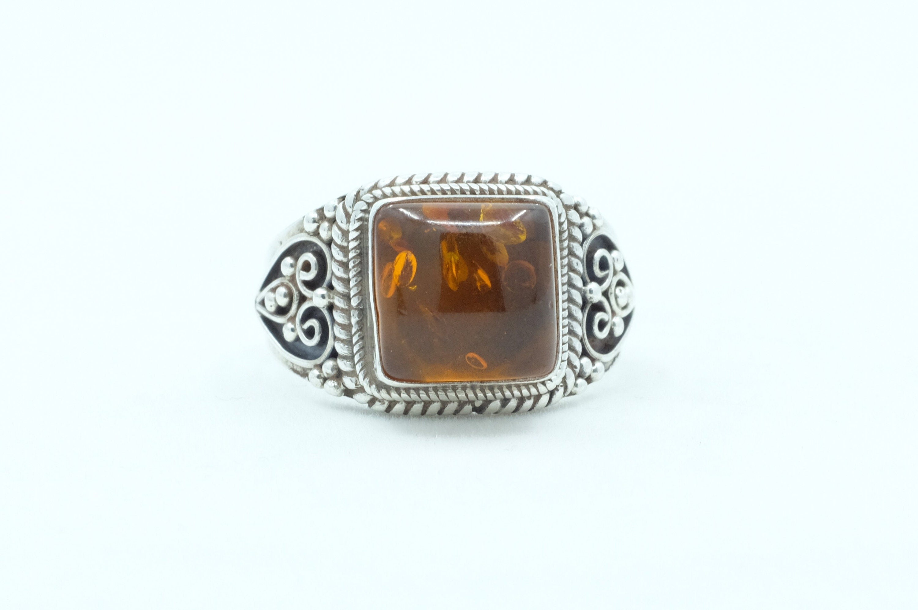 Sterling Silver Amber Filigree Ring