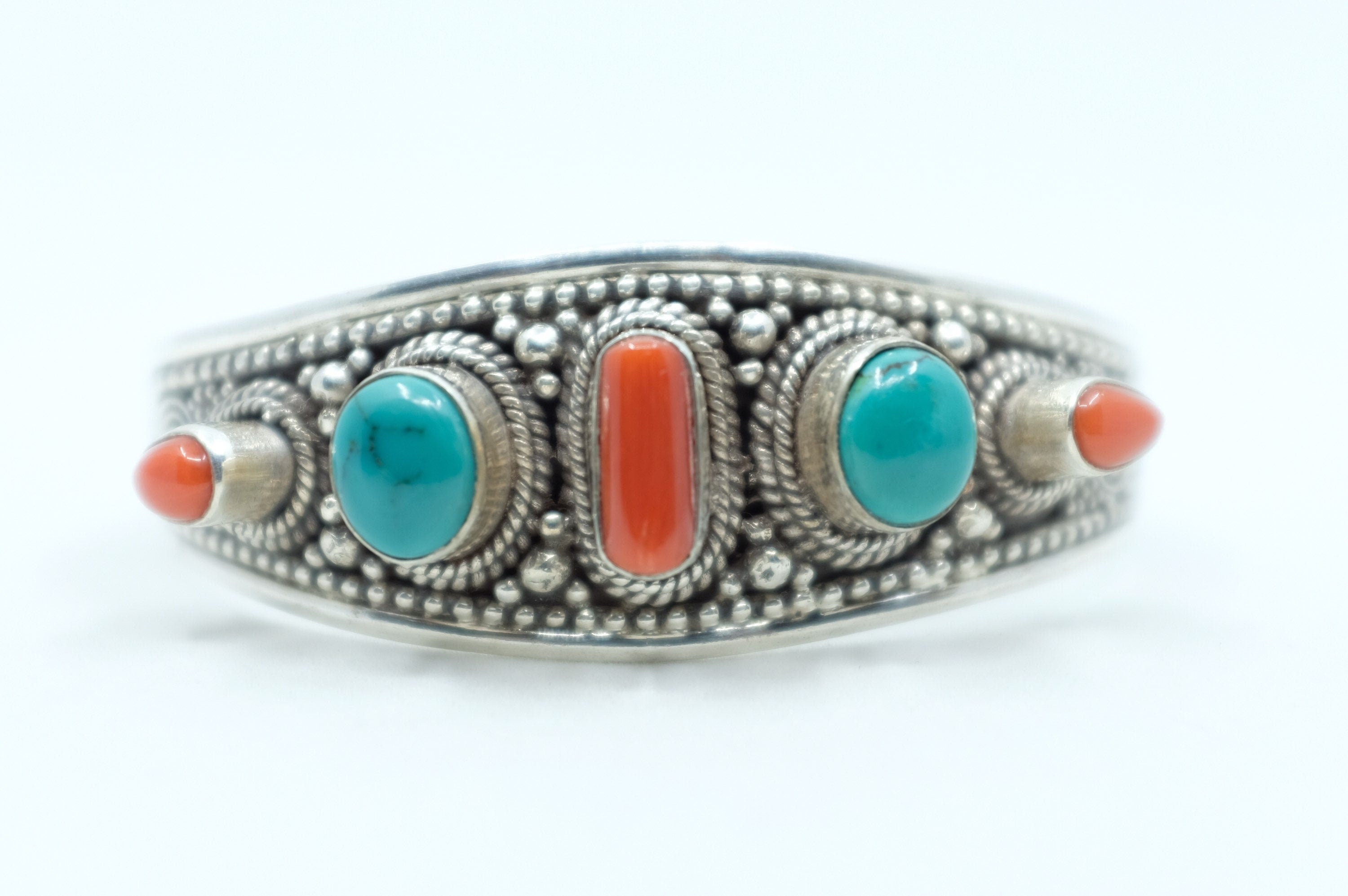 Sterling Silver Tibetan Turquoise and Coral Cuff Bracelet