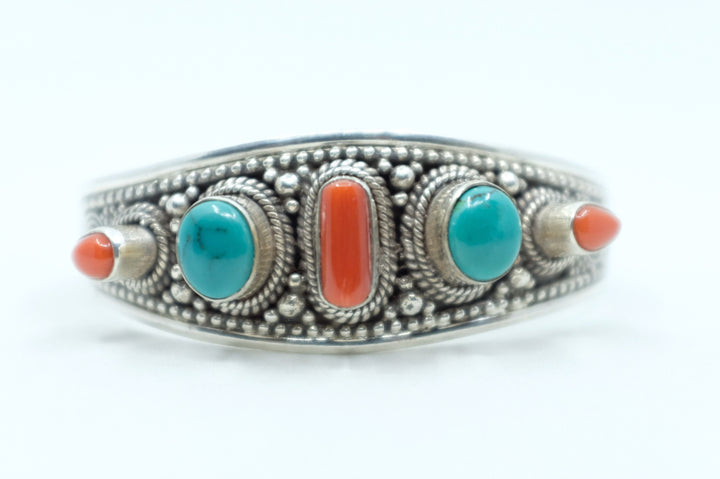 Sterling Silver Tibetan Turquoise and Coral Cuff Bracelet