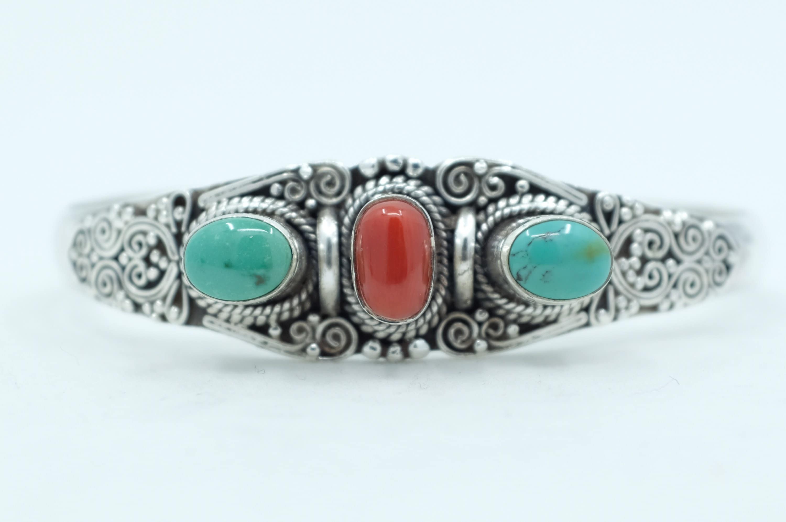 Sterling Silver Balinese Filigree Turquoise and Coral Cuff Bracelet