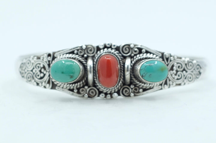 Sterling Silver Balinese Filigree Turquoise and Coral Cuff Bracelet