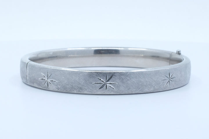 Sterling Silver Etched Stars Hinged Bangle Bracelet