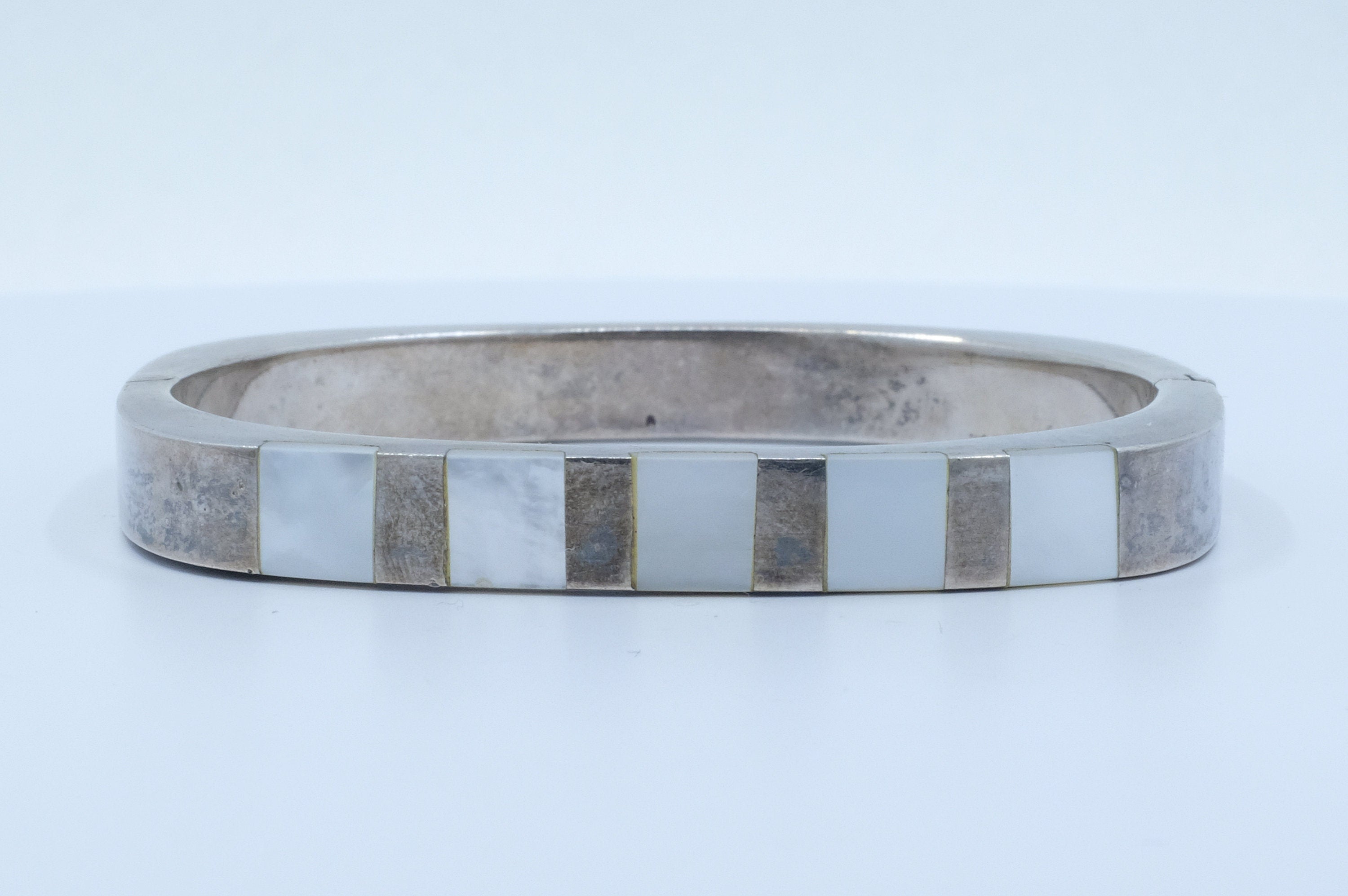 Sterling Silver Mother of Pearl Hinged Bangle Bracelet