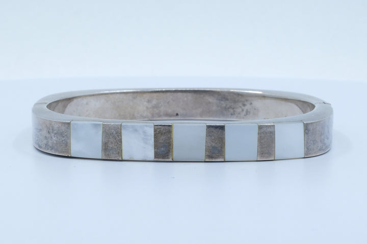 Sterling Silver Mother of Pearl Hinged Bangle Bracelet