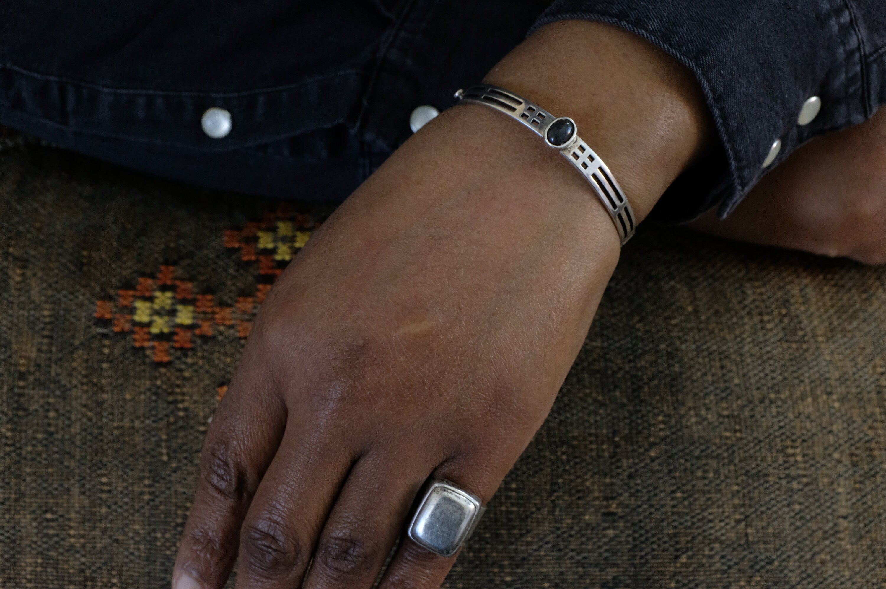 Sterling Silver Onyx Hinged Bangle Bracelet