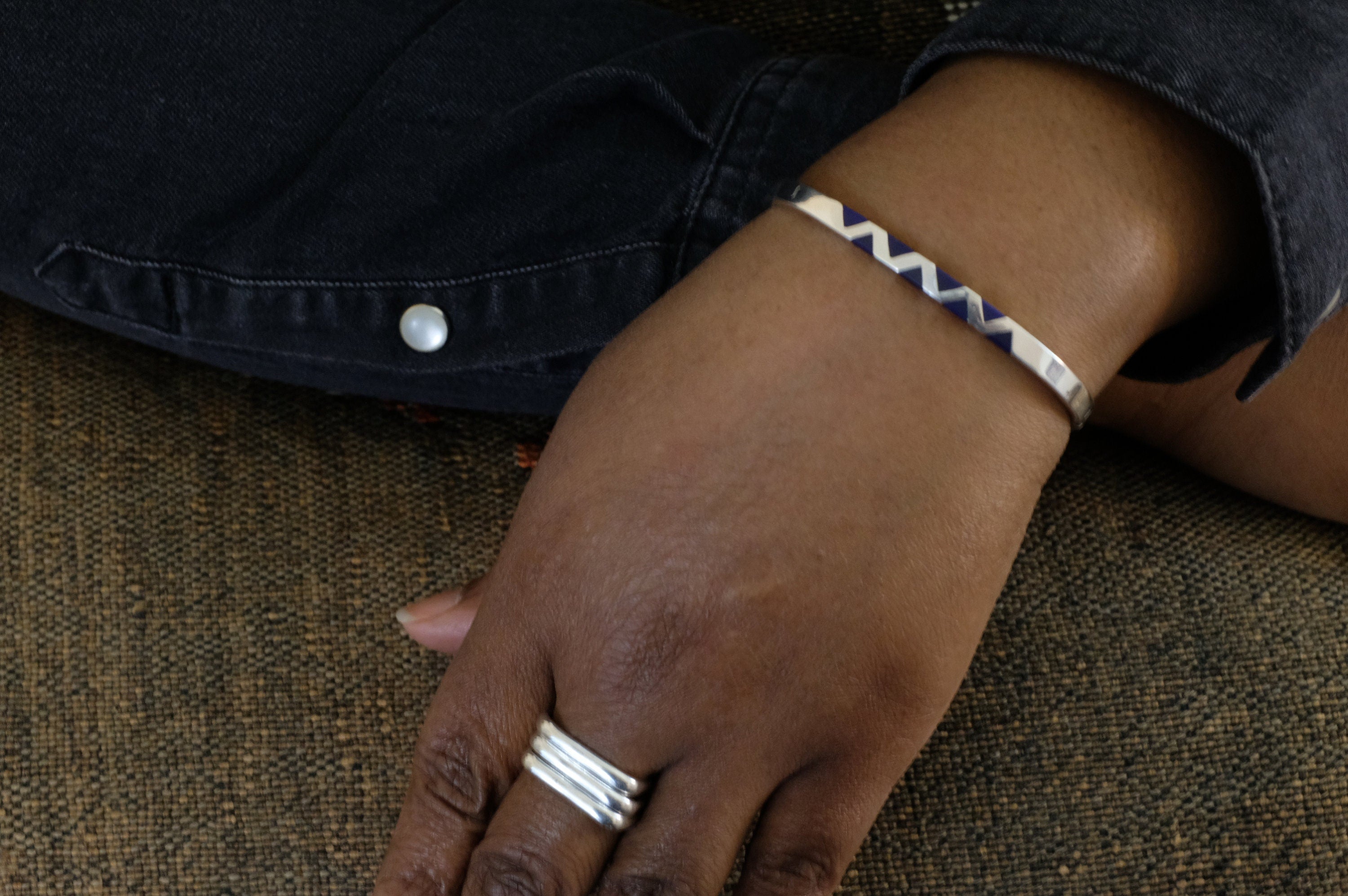 Silver 950 Azurite Hinged Bangle Bracelet