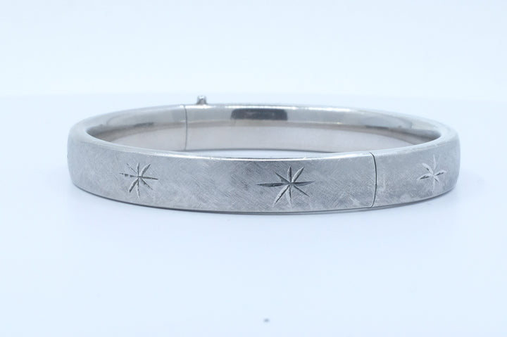 Sterling Silver Etched Stars Hinged Bangle Bracelet