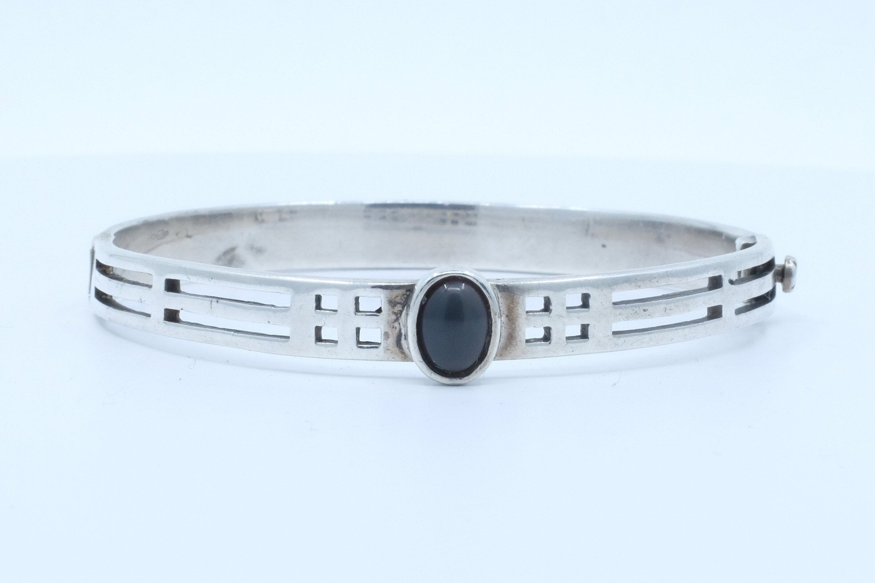 Sterling Silver Onyx Hinged Bangle Bracelet