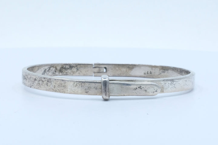 Sterling Silver Patinated Belt Motif Hinged Bangle Bracelet