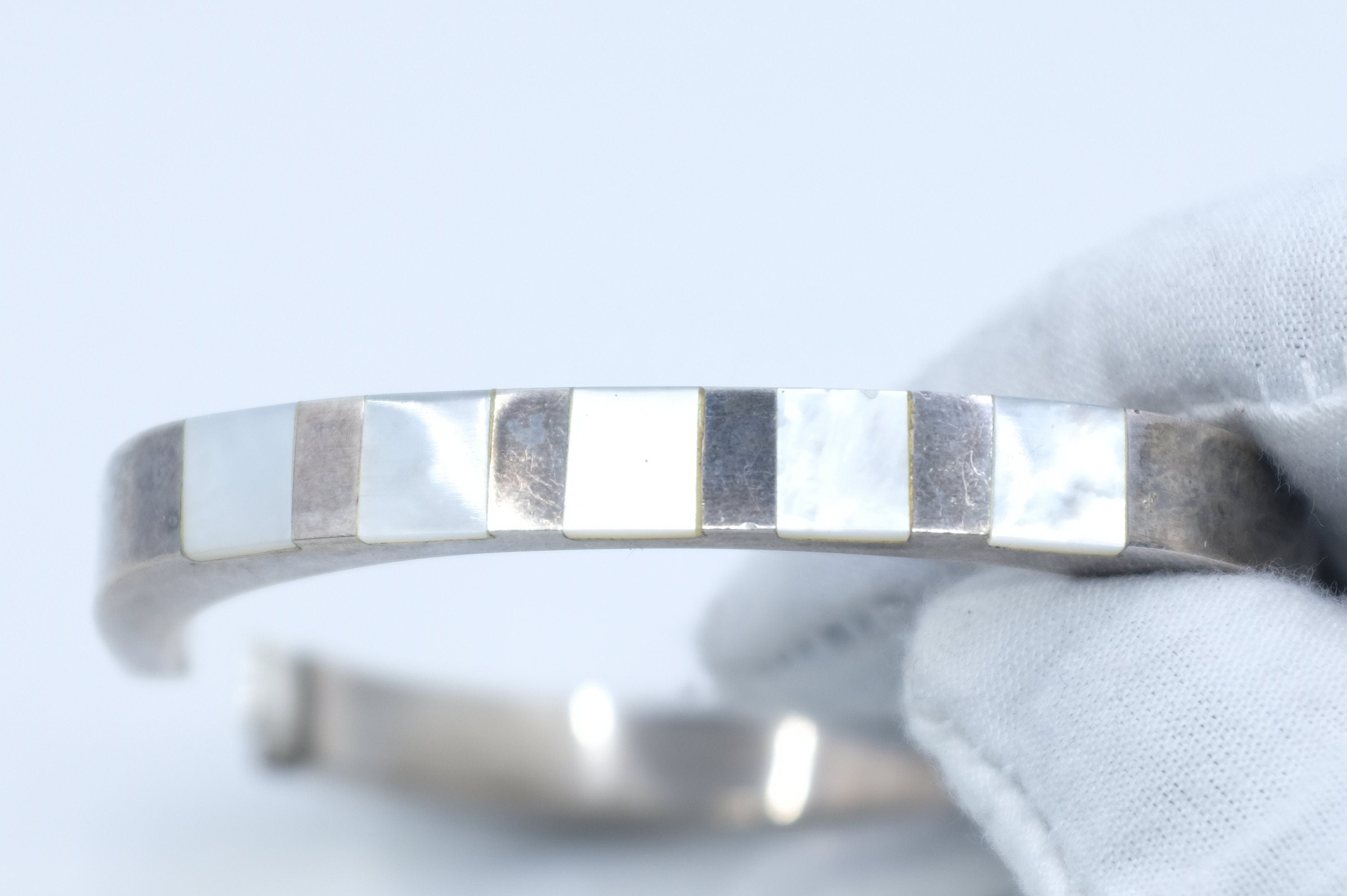 Sterling Silver Mother of Pearl Hinged Bangle Bracelet