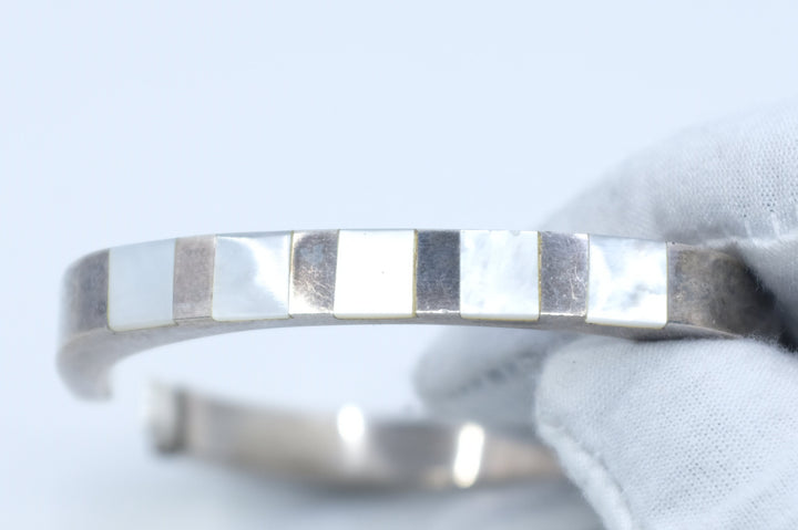 Sterling Silver Mother of Pearl Hinged Bangle Bracelet