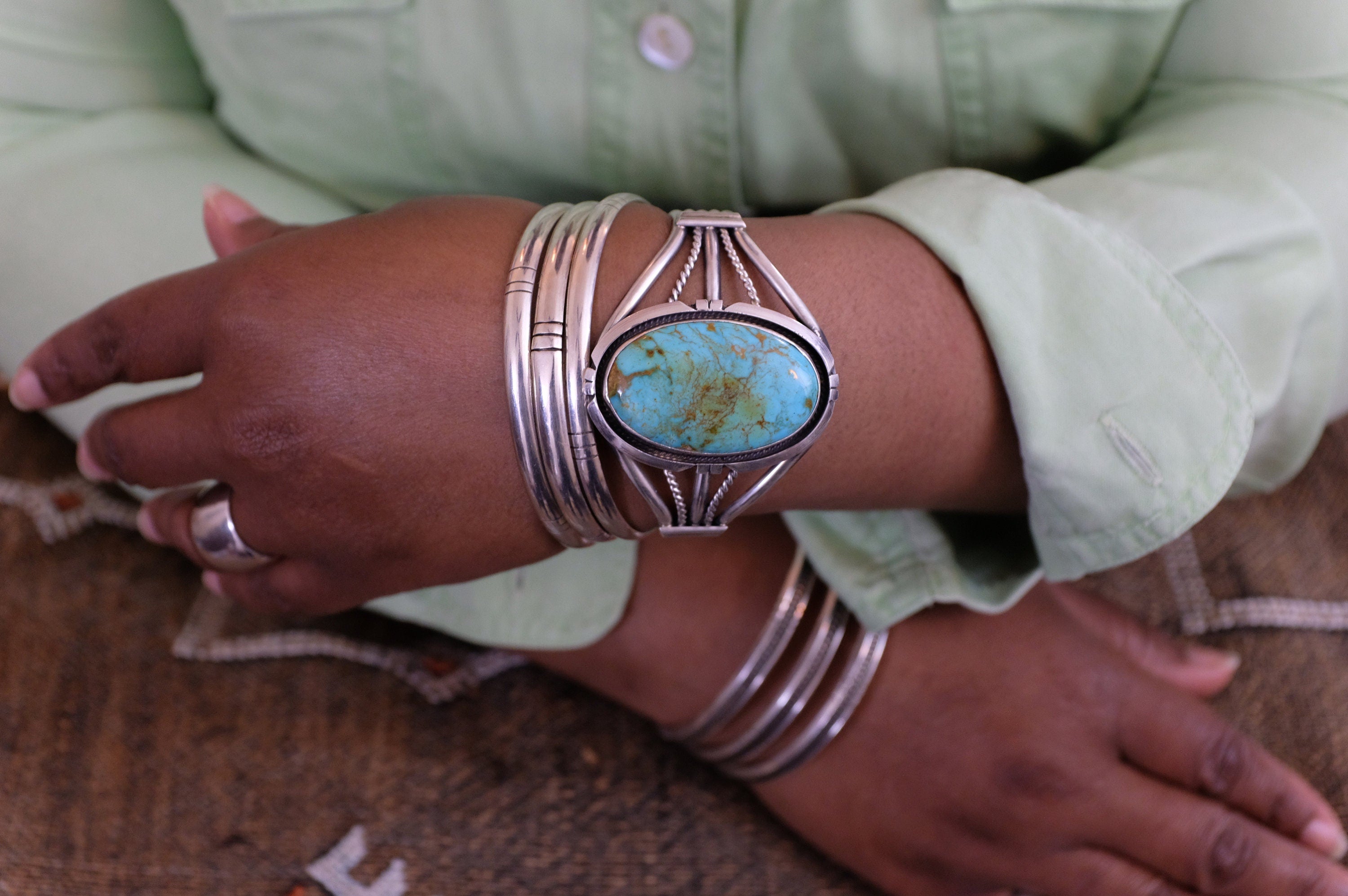 Sterling Silver Variegated Kingman Turquoise Augustine Largo Navajo Cuff Bracelet