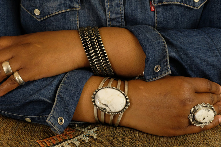 Sterling Silver White Buffalo Augustine Largo Navajo Cuff Bracelet