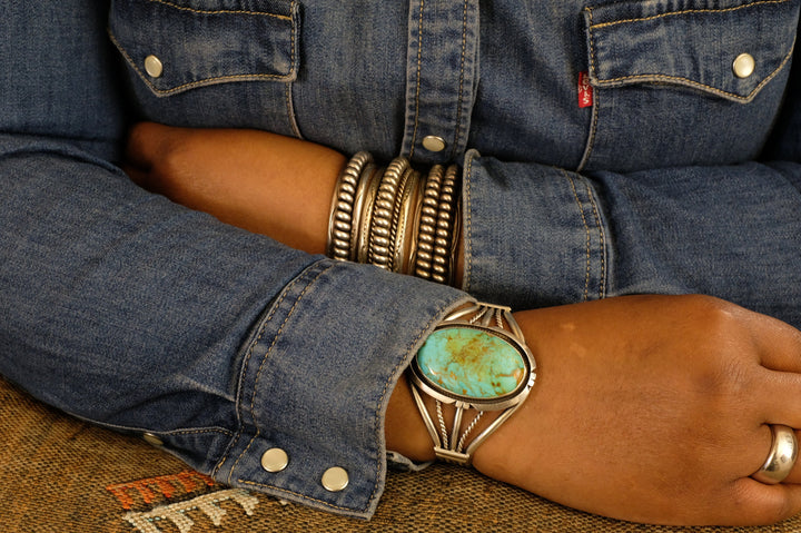 Sterling Silver Variegated Kingman Turquoise Augustine Largo Navajo Cuff Bracelet