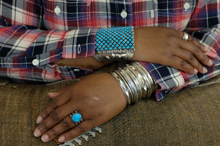 Sterling Silver Sleeping Beauty Turquoise Alice Lister Navajo Cuff Bracelet