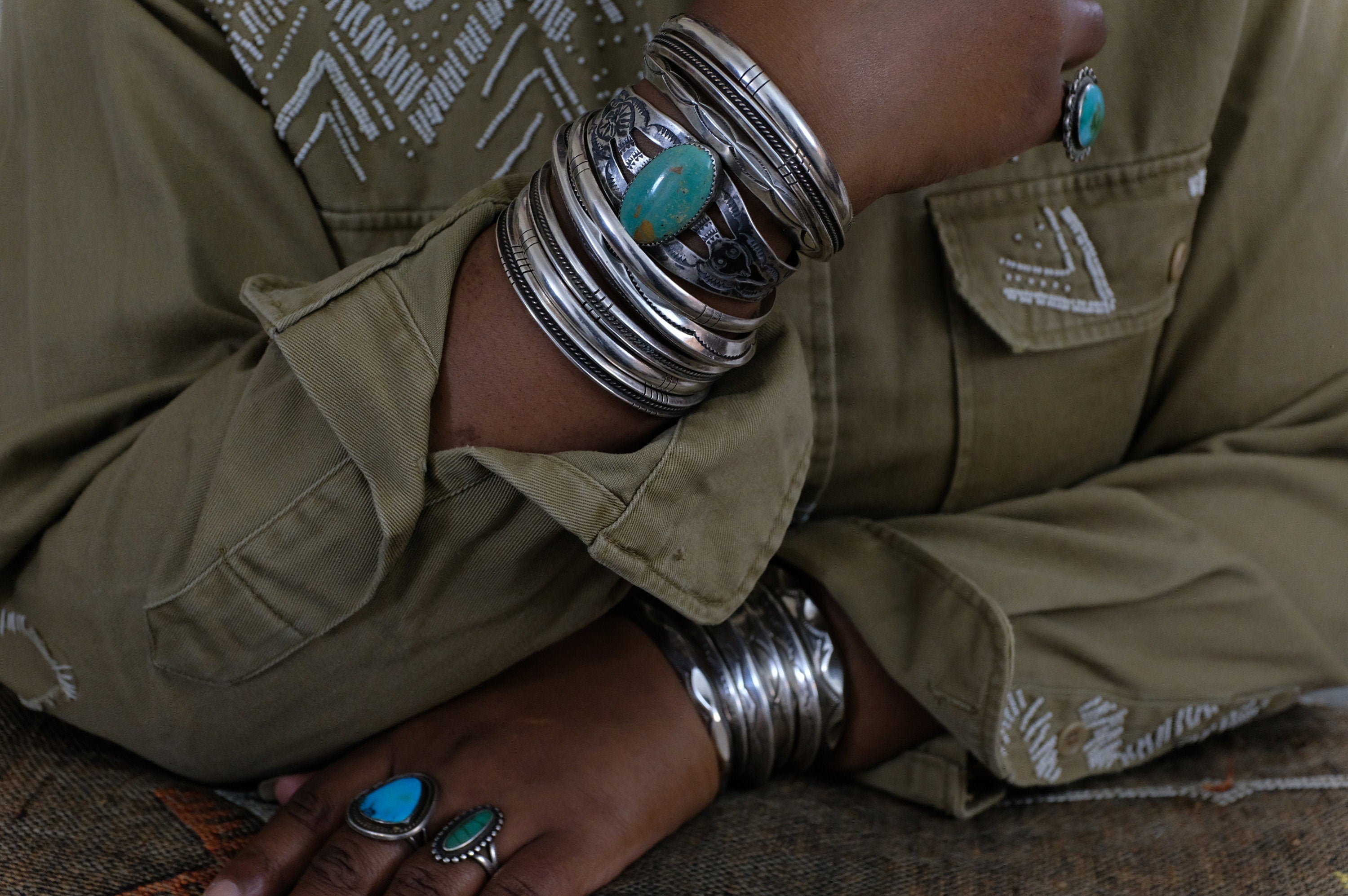 Sterling Silver Cerrillos Turquoise Fred Harvey Era Navajo Cuff Bracelet