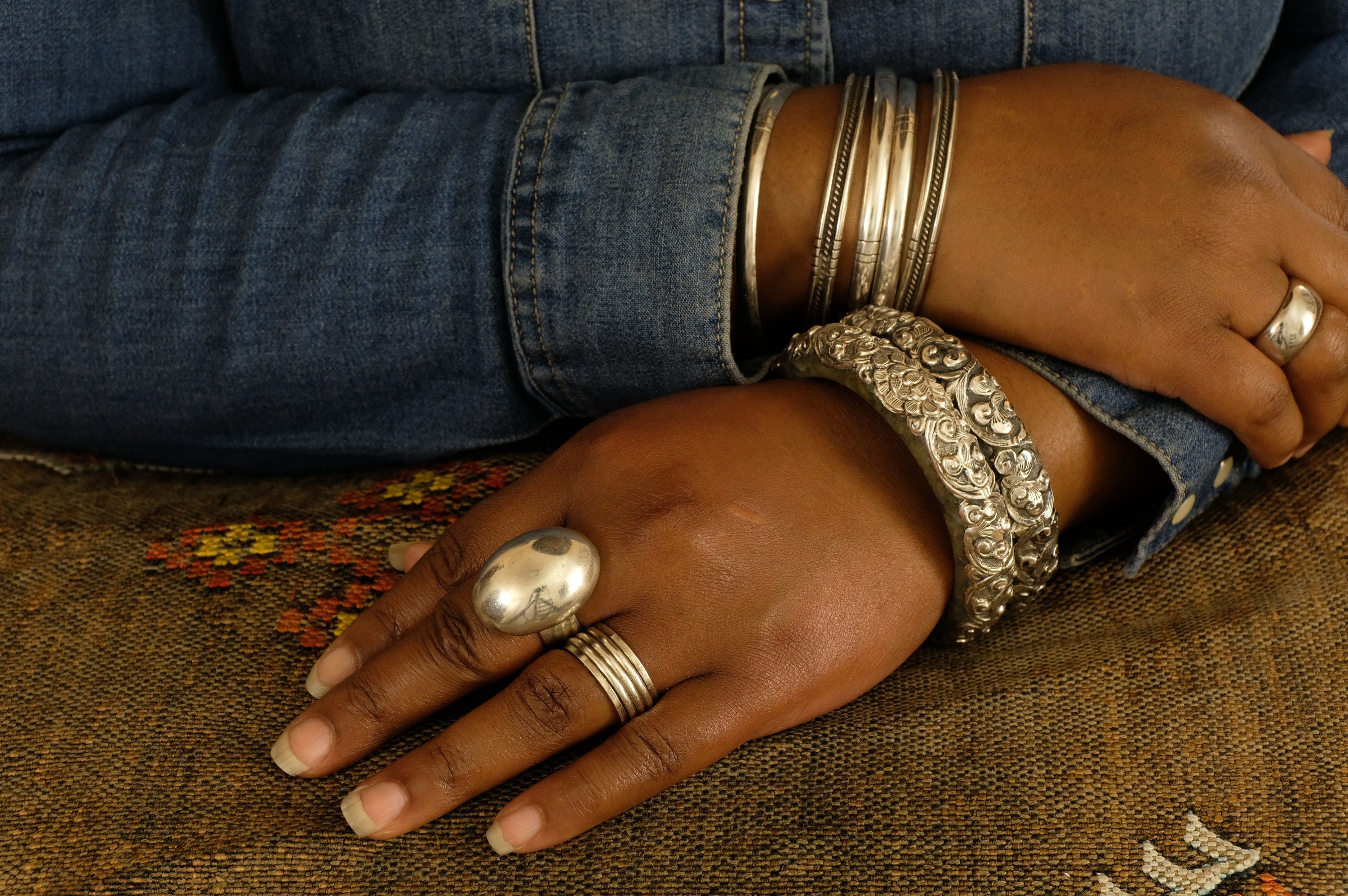 Sterling Silver Jadeite Jade Repoussé Bangle Bracelet