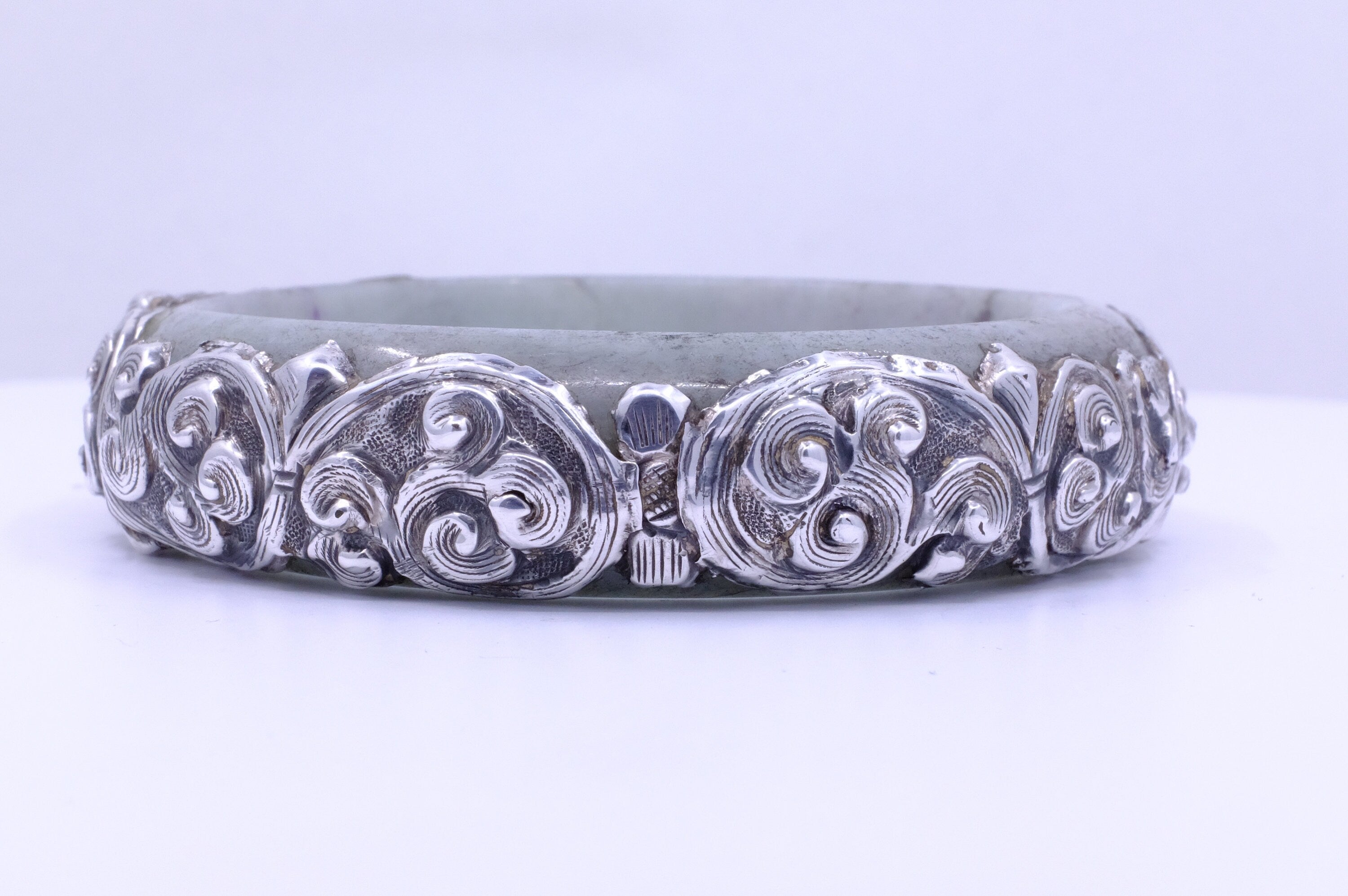 Sterling Silver Jadeite Jade Repoussé Bangle Bracelet