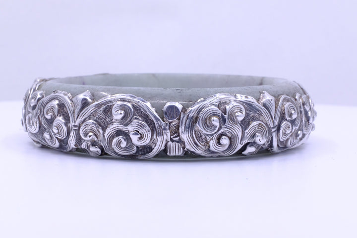 Sterling Silver Jadeite Jade Repoussé Bangle Bracelet