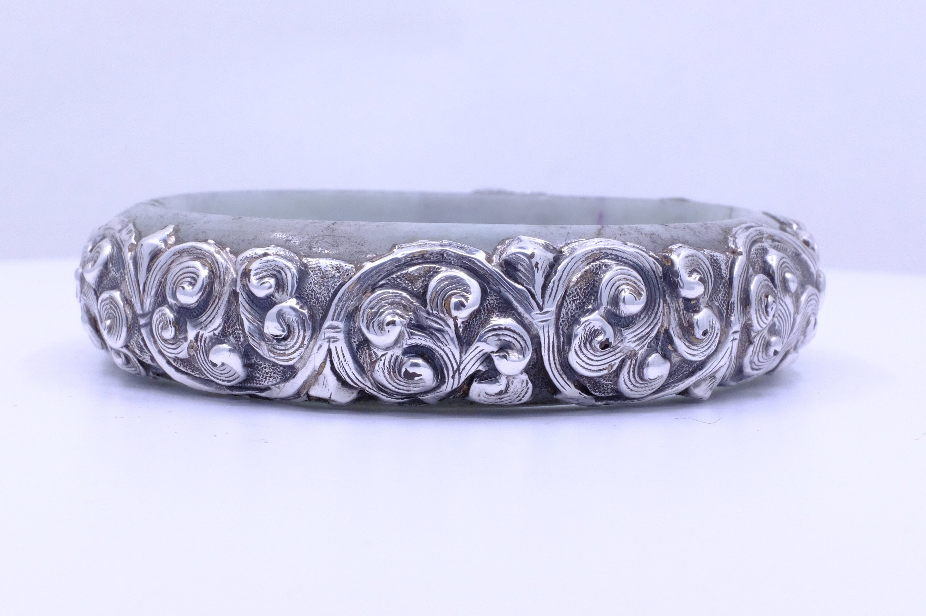 Sterling Silver Jadeite Jade Repoussé Bangle Bracelet