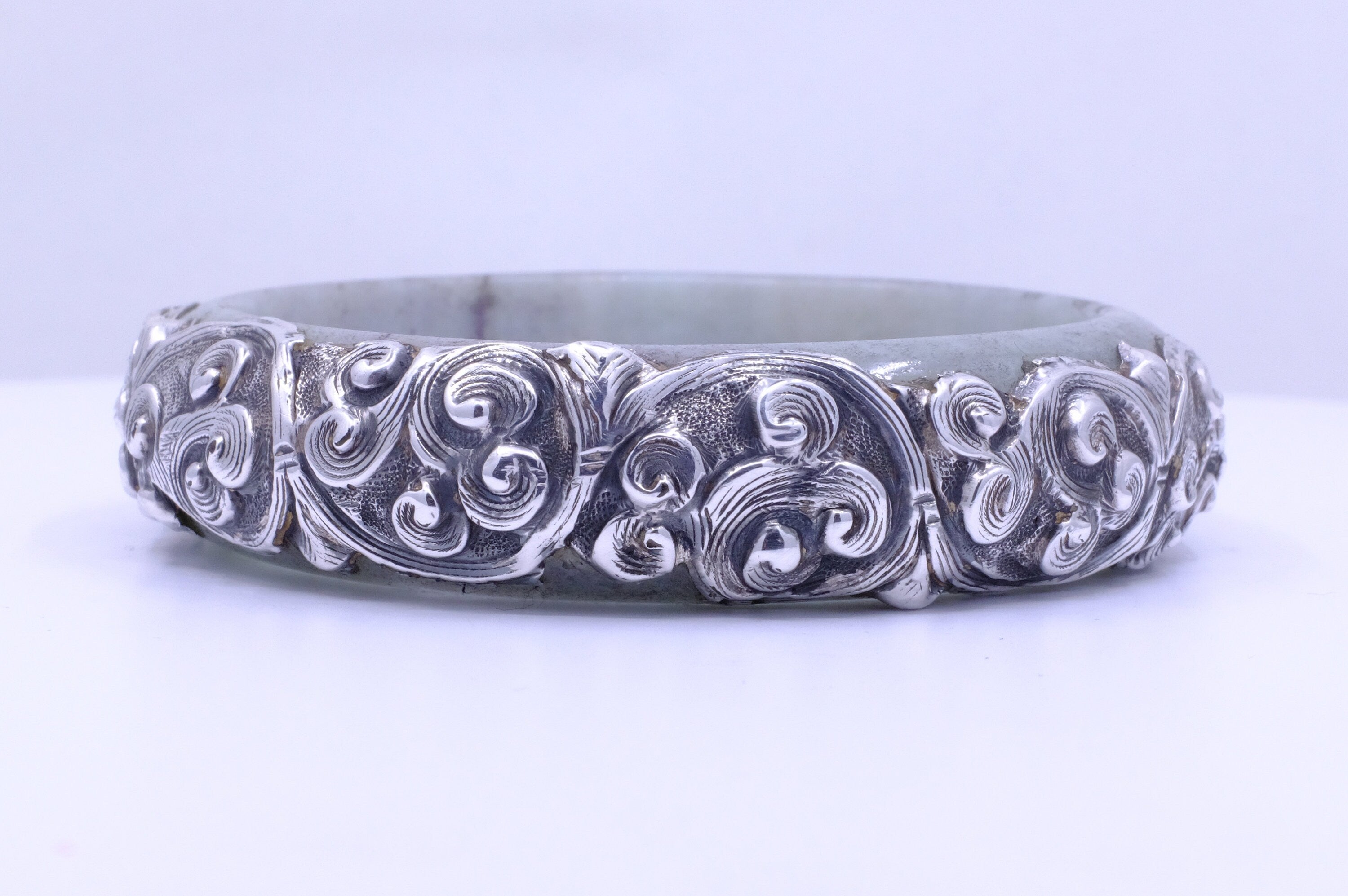 Sterling Silver Jadeite Jade Repoussé Bangle Bracelet