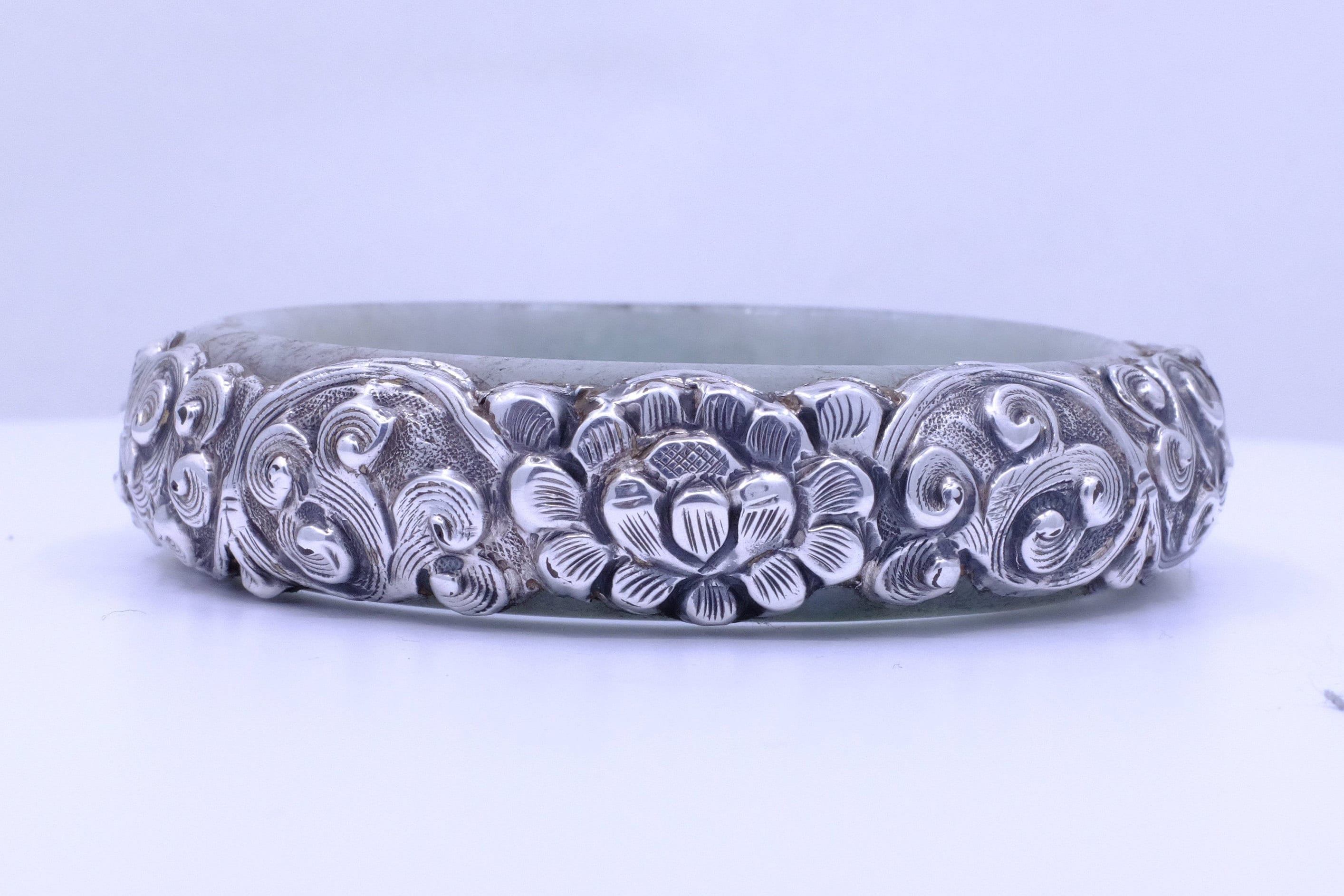 Sterling Silver Jadeite Jade Repoussé Bangle Bracelet