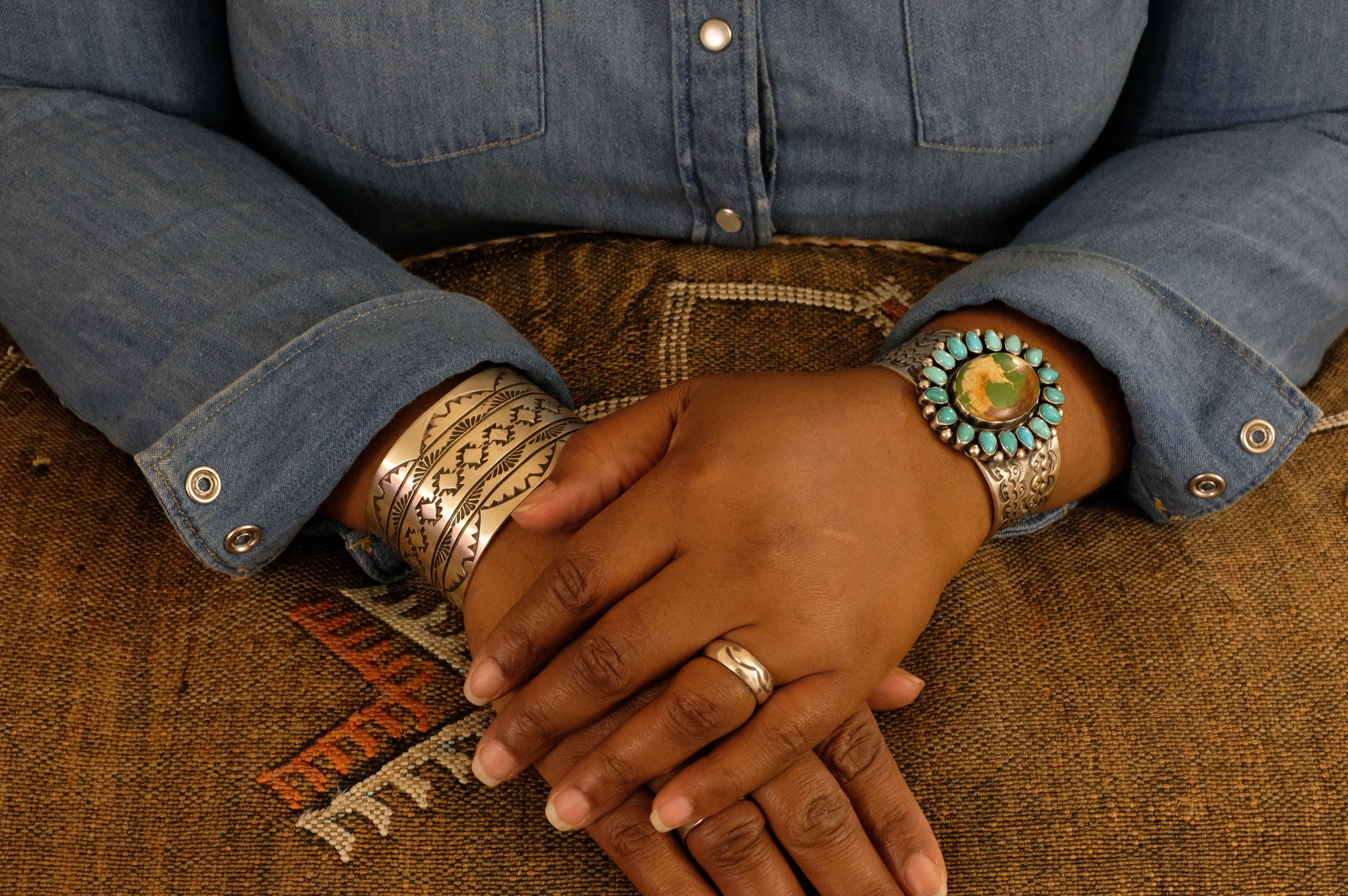 Sterling Silver Royston and Carico Lake Turquoise Danny Clark Navajo Cuff Bracelet