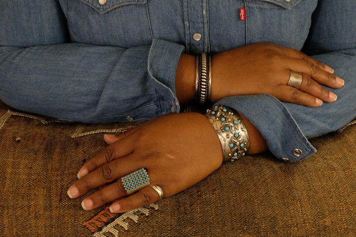 Sterling Silver Turquoise Tom Lewis "Galloping Ponies" Navajo Cuff Bracelet