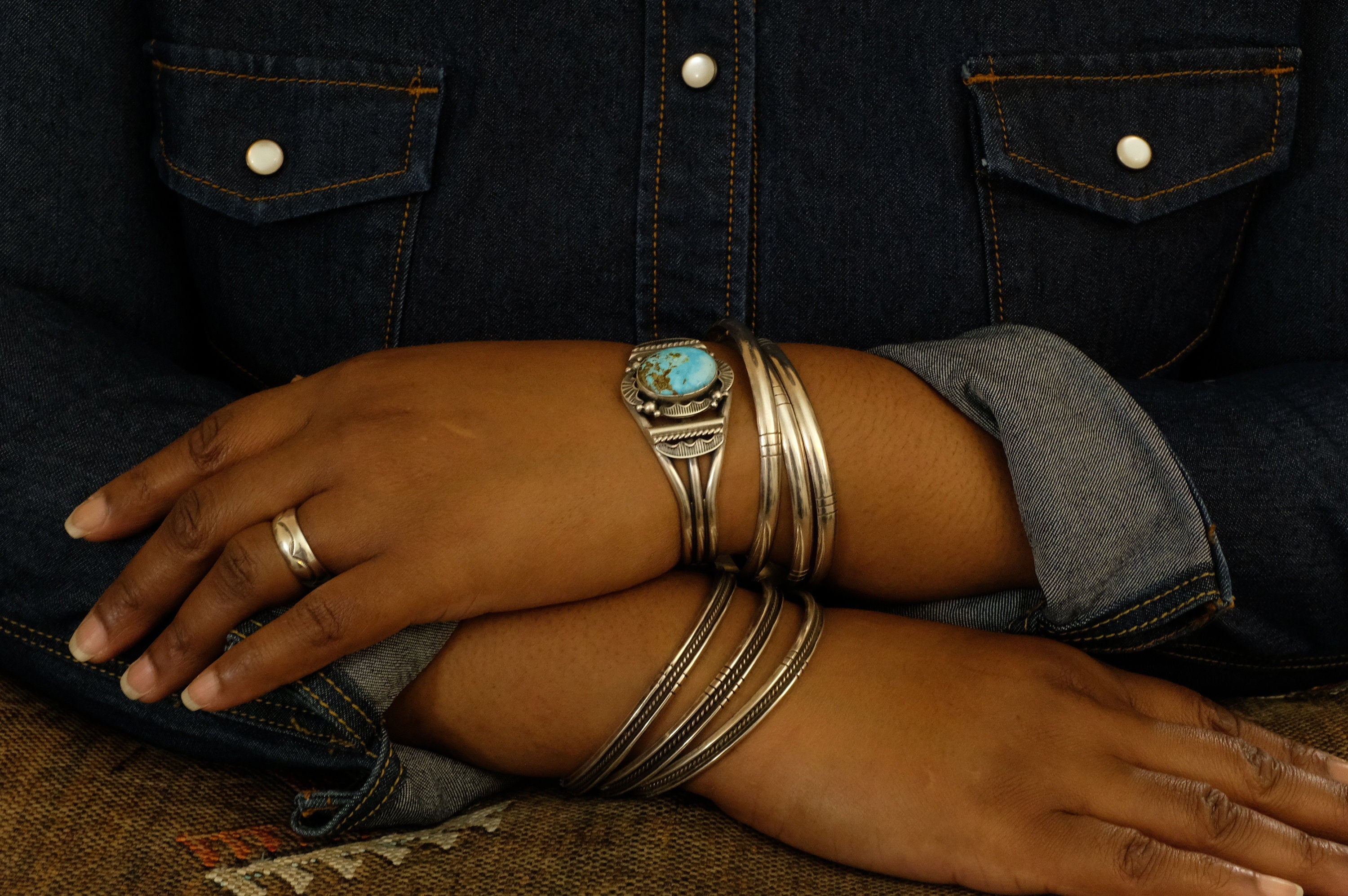 Sterling Silver Kingman Turquoise Mary Ann Spencer Navajo Cuff Bracelet