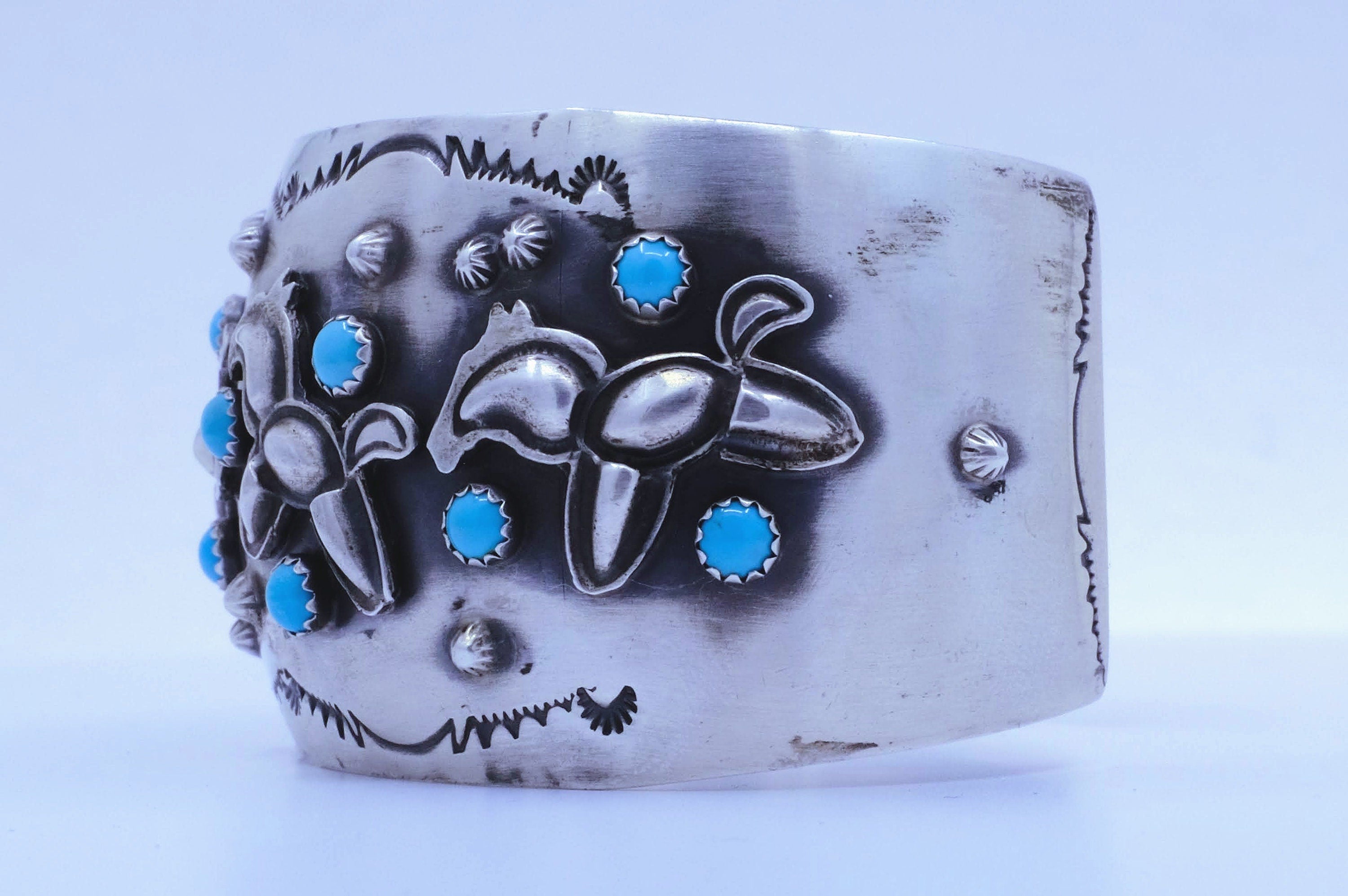 Sterling Silver Turquoise Tom Lewis "Galloping Ponies" Navajo Cuff Bracelet