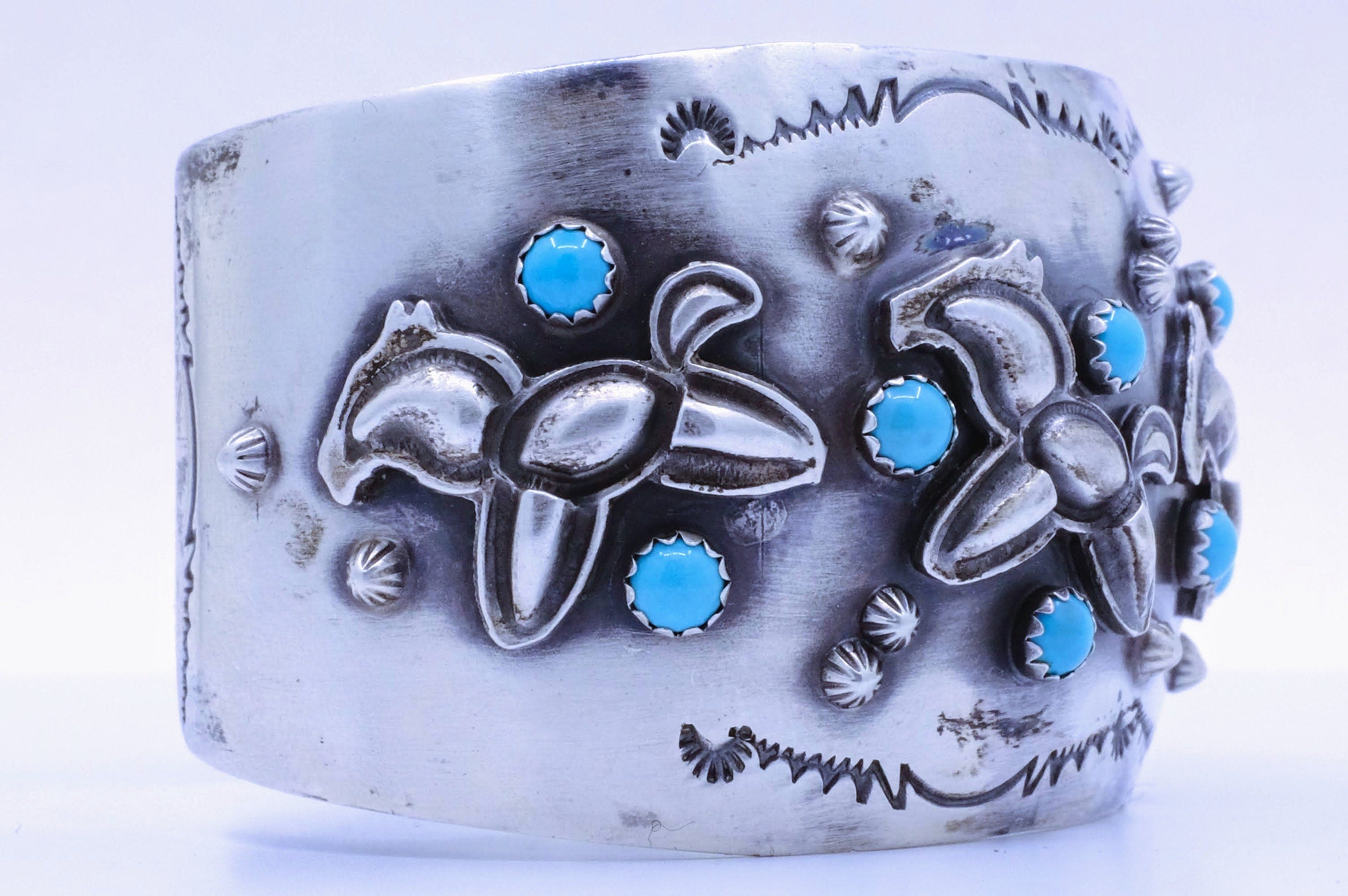 Sterling Silver Turquoise Tom Lewis "Galloping Ponies" Navajo Cuff Bracelet