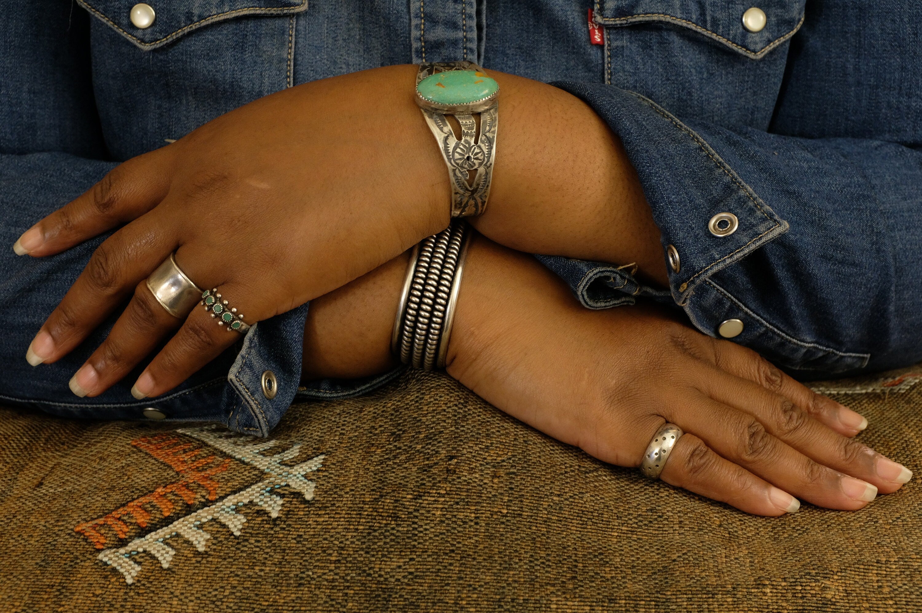 Sterling Silver Cerrillos Turquoise Fred Harvey Era Navajo Cuff Bracelet