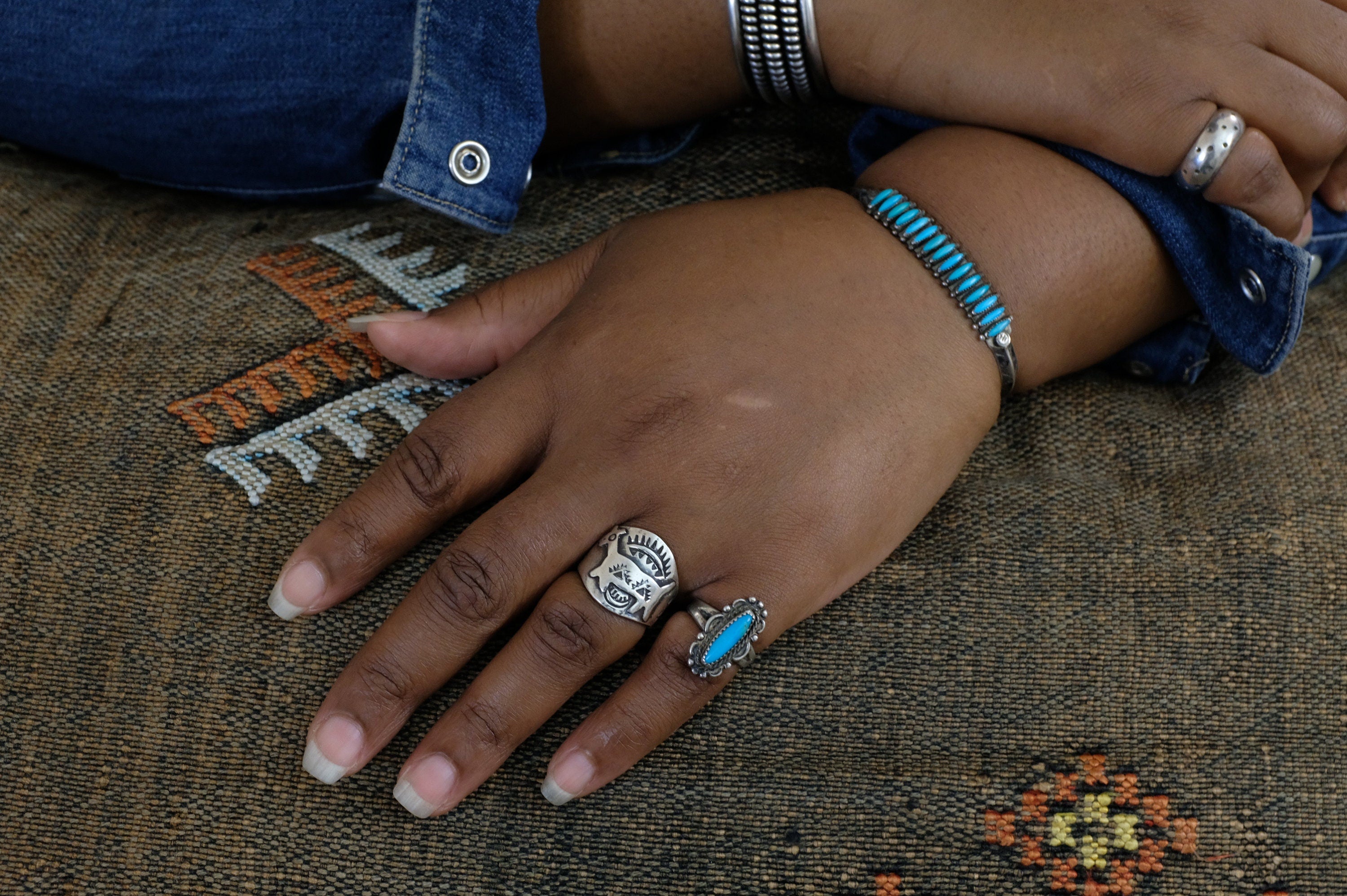 Sterling Silver Turquoise Janice Paloma Zuni Needlepoint Cuff Bracelet