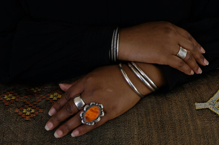 Sterling Silver Orange Spiny Oyster Juanita Long Navajo Ring