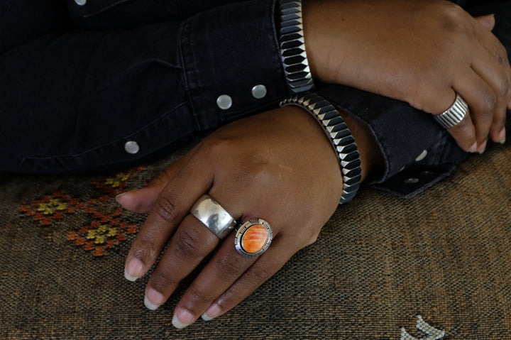 Sterling Silver Orange Spiny Oyster David Skeets Navajo Ring