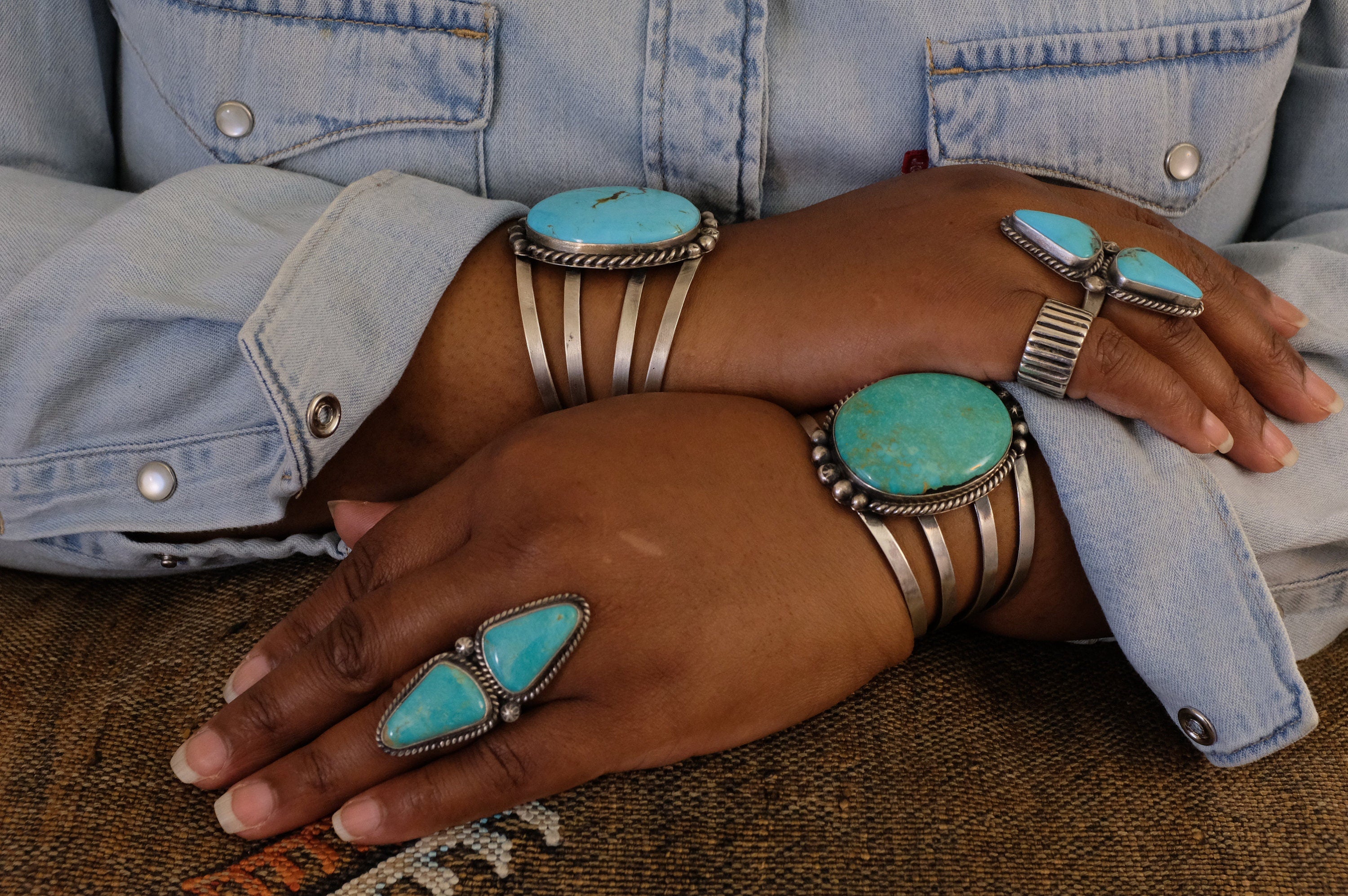 Sterling Silver Blue Kingman Turquoise Augustine Largo Navajo Cuff Bracelet