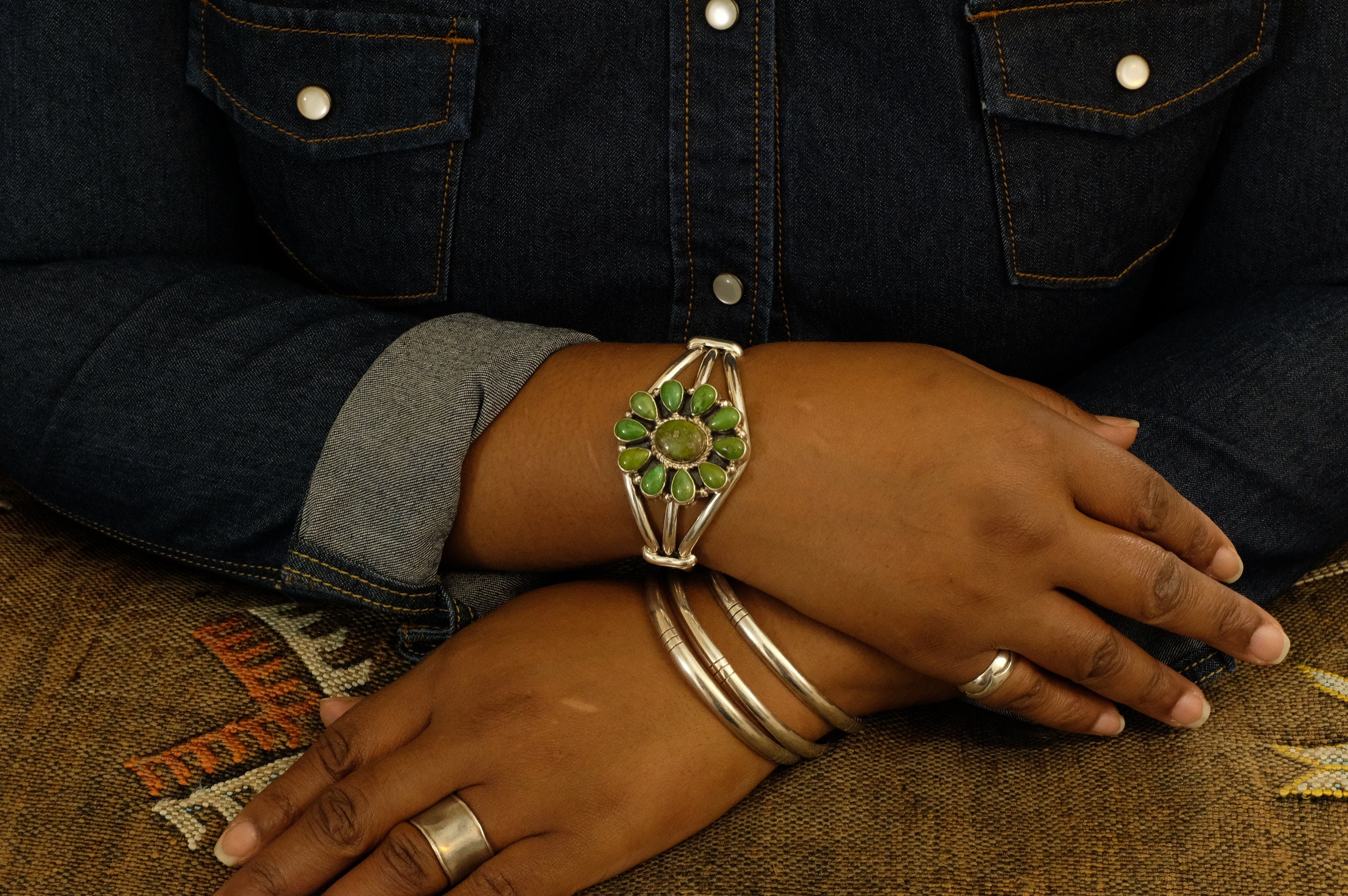 Sterling Silver Sonoran Gold Turquoise Shirley Henry Navajo Cuff Bracelet