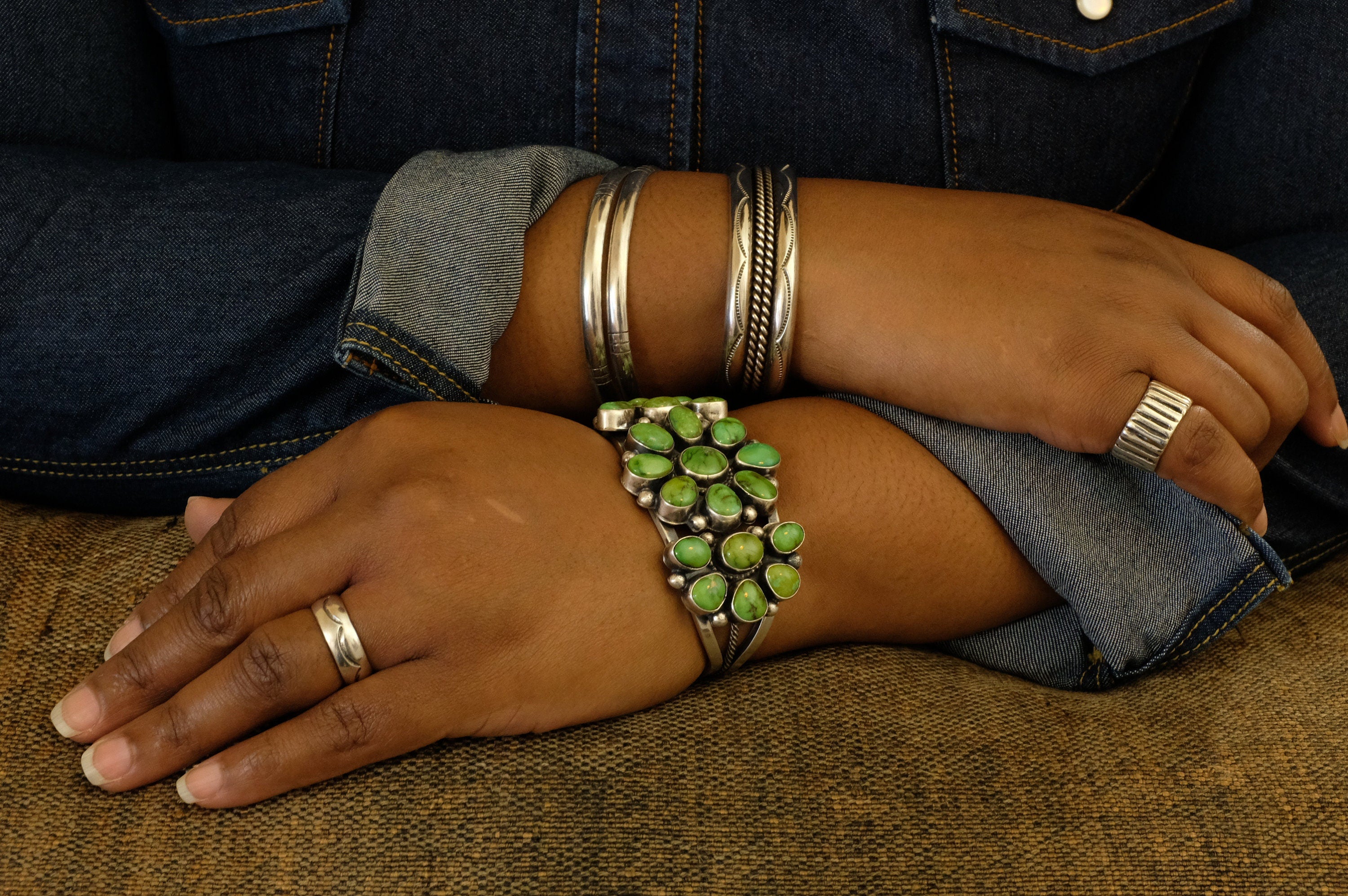 Sterling Silver Sonoran Gold Turquoise Bob Becenti Navajo Cuff Bracelet