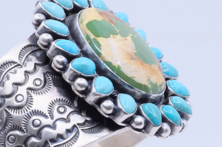 Sterling Silver Royston and Carico Lake Turquoise Danny Clark Navajo Cuff Bracelet