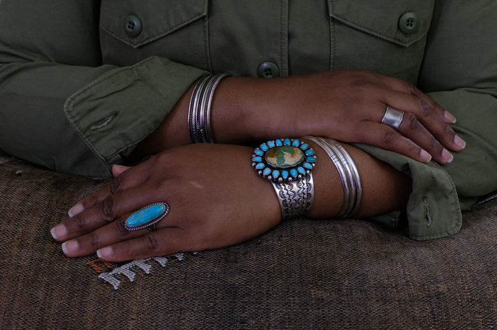 Sterling Silver Royston and Carico Lake Turquoise Danny Clark Navajo Cuff Bracelet