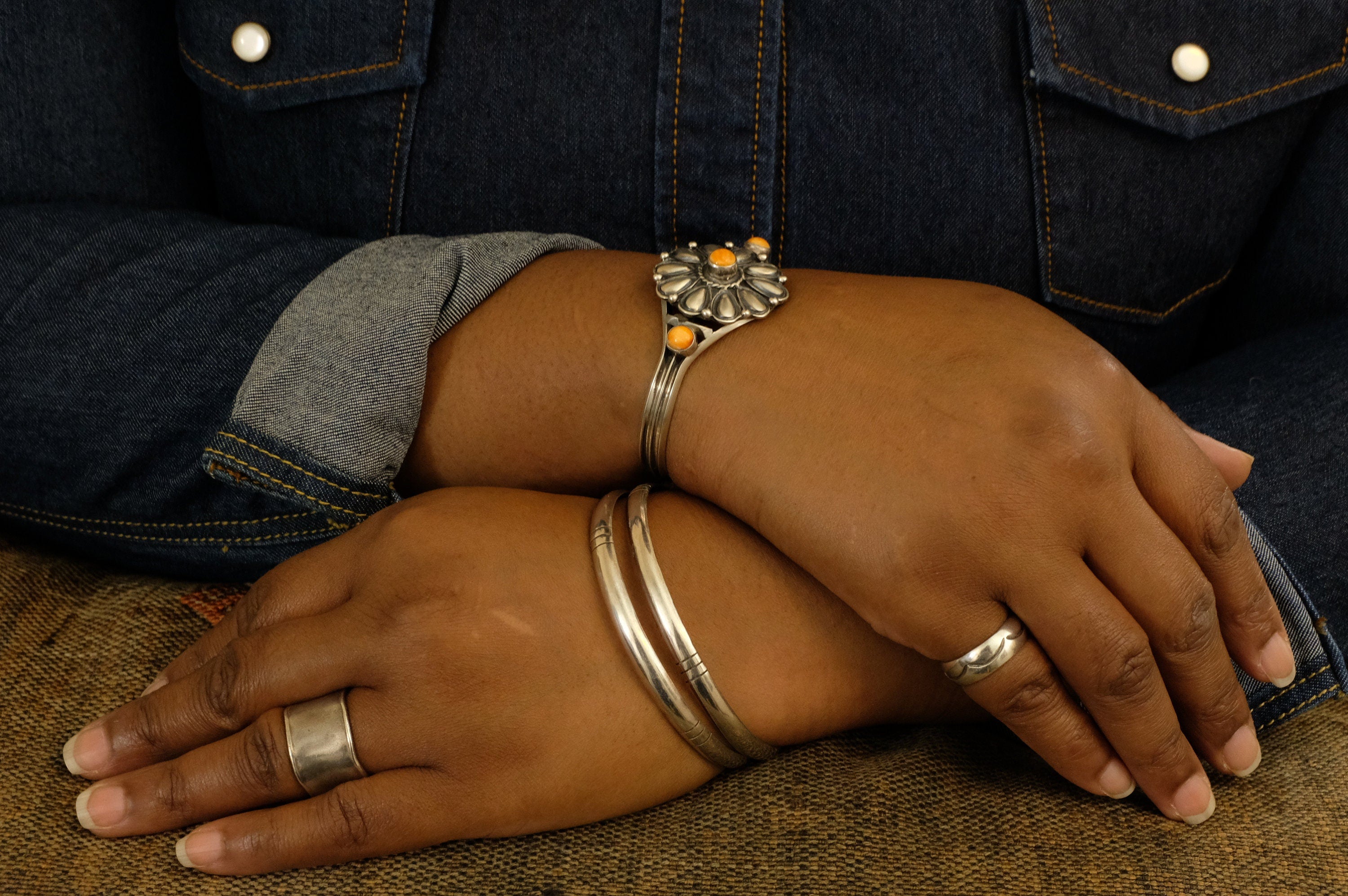 Sterling Silver Orange Spiny Oyster Navajo Cuff Bracelet