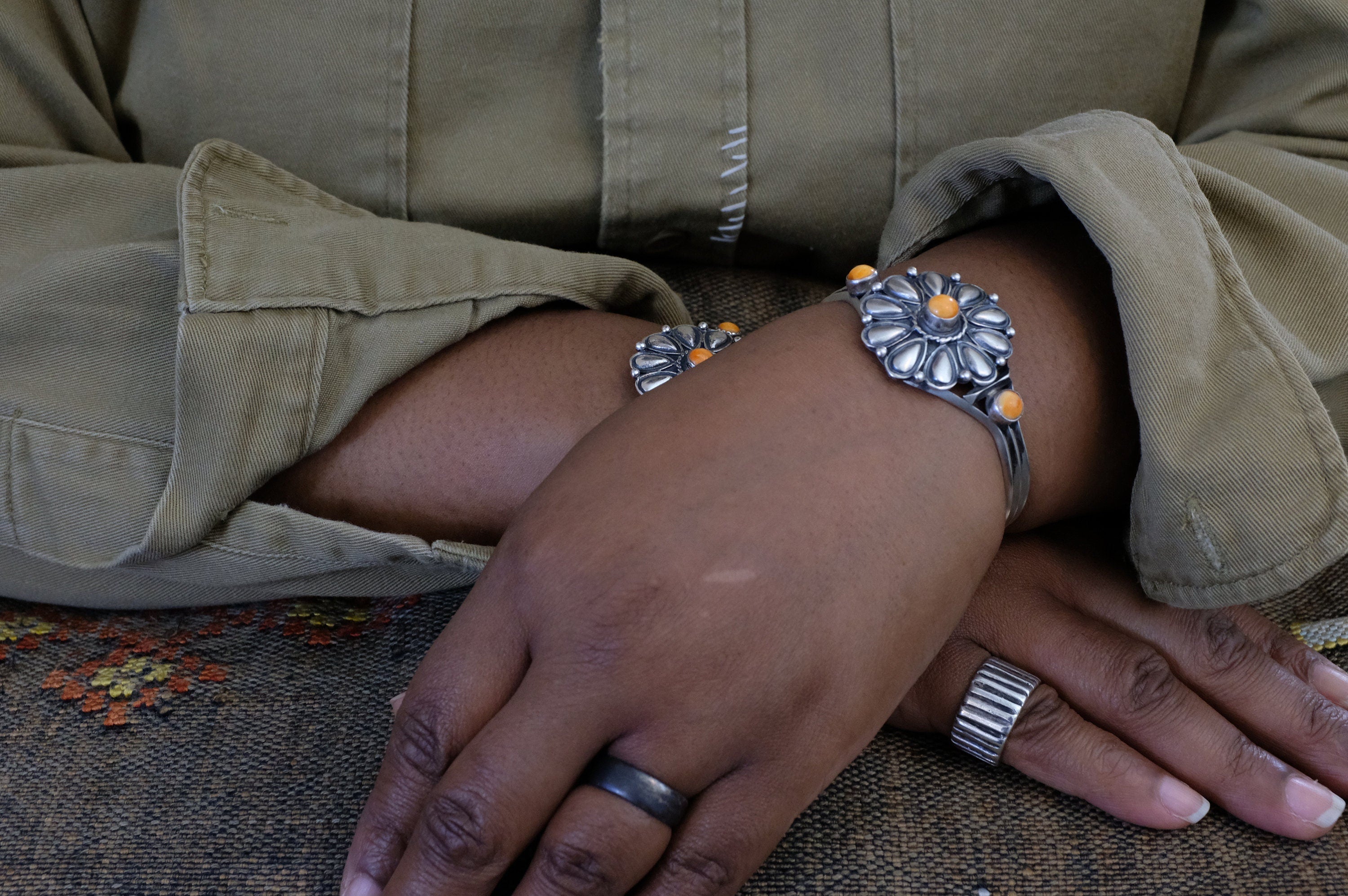 Sterling Silver Orange Spiny Oyster Navajo Cuff Bracelet